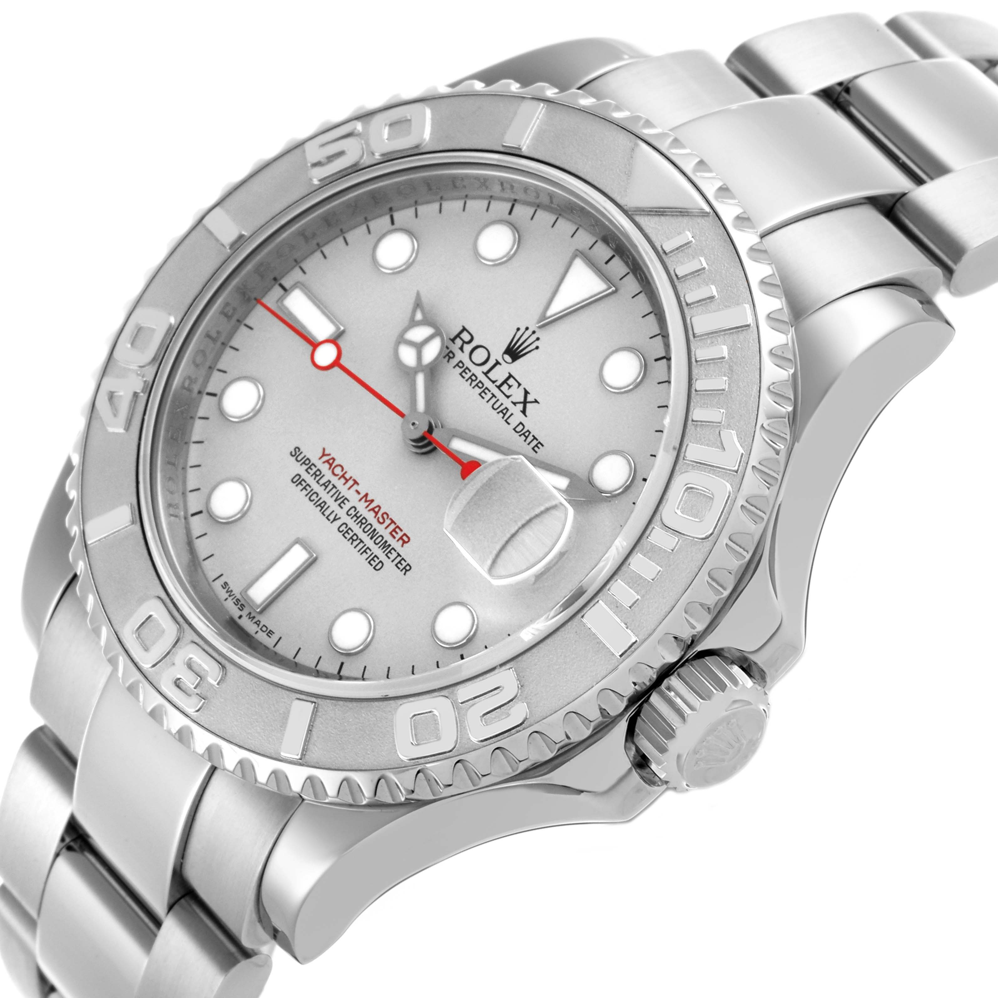 The Rolex Yacht-Master 16622 Men
s Stainless Steel Silver Dial 16622 Men
s Stainless Steel Silver Dial watch is shown at a slight angle, featuring the face, bezel, crown, and part of the bracelet.