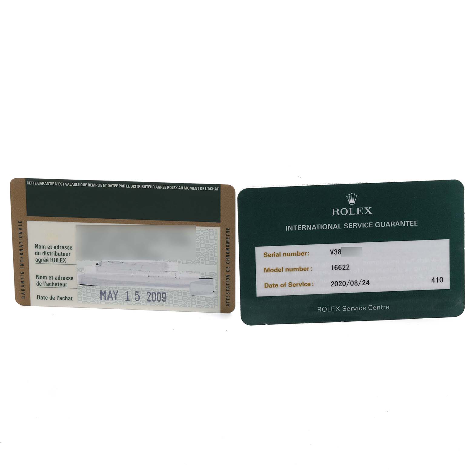 The image shows warranty and service guarantee cards for a Rolex Yacht-Master 16622 Men
s Stainless Steel Silver Dial 16622 Men
s Stainless Steel Silver Dial model.