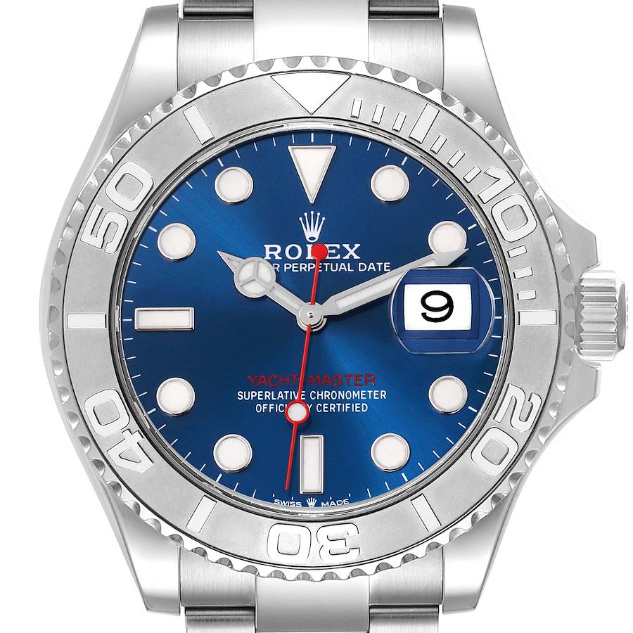 The Rolex Yacht-Master watch is shown from the front, displaying the bezel, dial, hands, and bracelet.