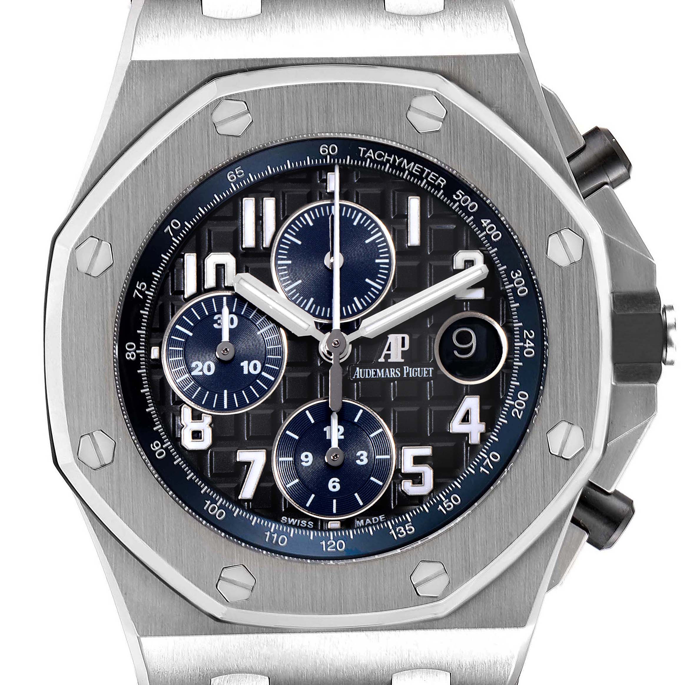 This image shows a close-up of an Audemars Piguet Royal Oak Offshore 26470ST.OO.A028CR.01 Men's Stainless Steel Black Dial 26470ST.OO.A028CR.01 Men's Stainless Steel Black Dial watch face, including its tachymeter, subdials, and markers.