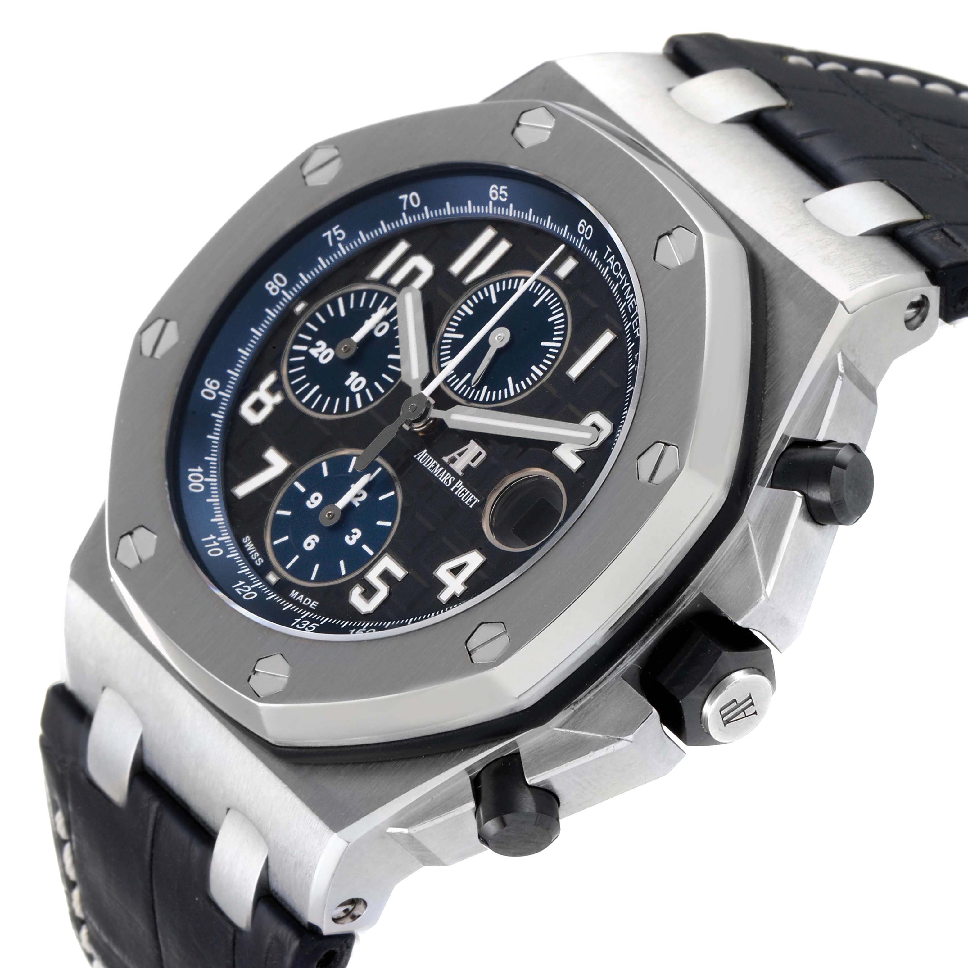 The image shows a Royal Oak Offshore model by Audemars Piguet at an angled view highlighting its dial, bezel, and crown.