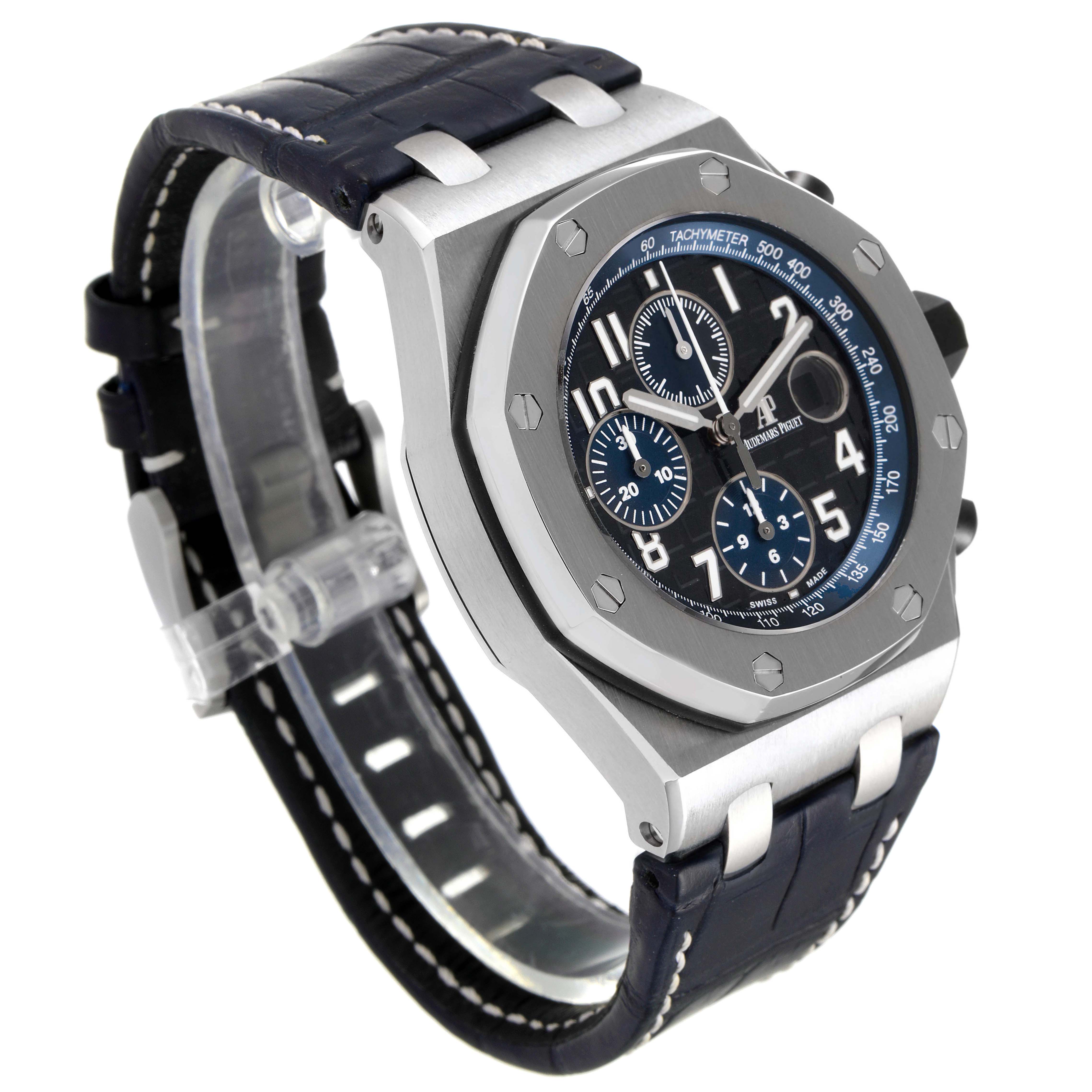 The Audemars Piguet Royal Oak Offshore 26470ST.OO.A028CR.01 Men's Stainless Steel Black Dial 26470ST.OO.A028CR.01 Men's Stainless Steel Black Dial watch is shown at an oblique angle, highlighting the face, strap, and bezel.