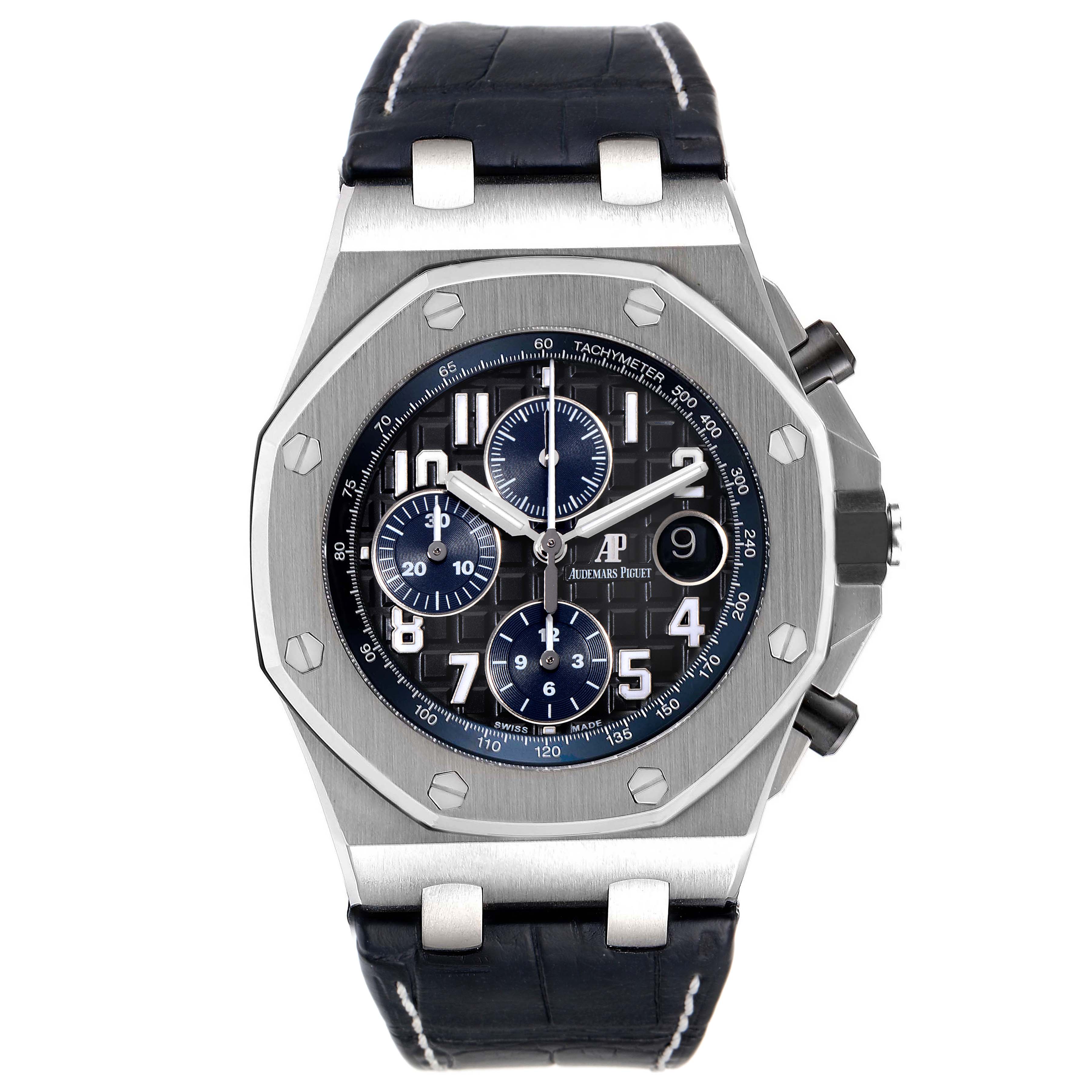 The image depicts an Audemars Piguet Royal Oak Offshore 26470ST.OO.A028CR.01 Men's Stainless Steel Black Dial 26470ST.OO.A028CR.01 Men's Stainless Steel Black Dial model watch, showcasing its face, bezel, and leather strap from the front angle.