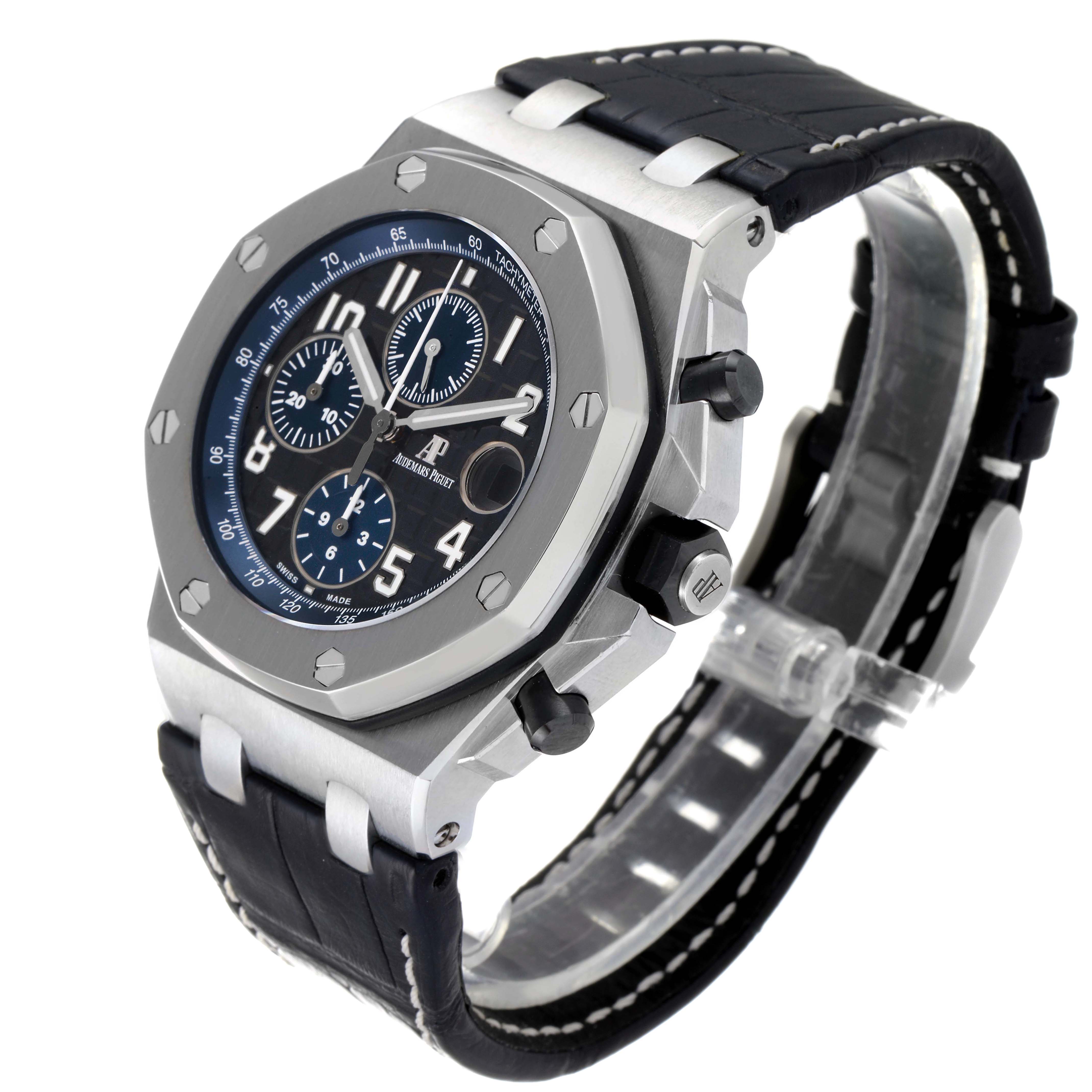 The image shows the front and side view of an Audemars Piguet Royal Oak Offshore 26470ST.OO.A028CR.01 Men's Stainless Steel Black Dial 26470ST.OO.A028CR.01 Men's Stainless Steel Black Dial watch, displaying its dial, chronograph buttons, and strap.