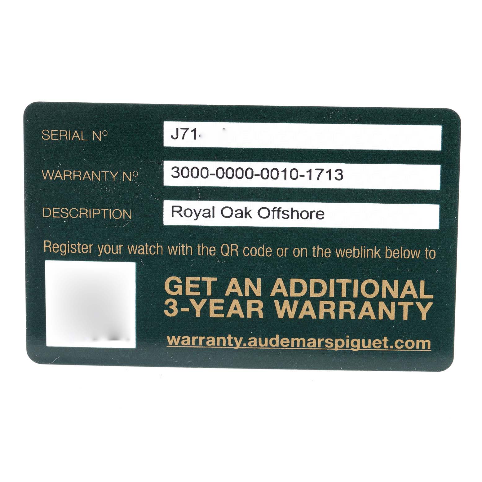 The image shows a warranty card for the Audemars Piguet Royal Oak Offshore 26470ST.OO.A028CR.01 Men's Stainless Steel Black Dial 26470ST.OO.A028CR.01 Men's Stainless Steel Black Dial watch, detailing the serial number, warranty number, and a website link for an additional 3-year warranty.