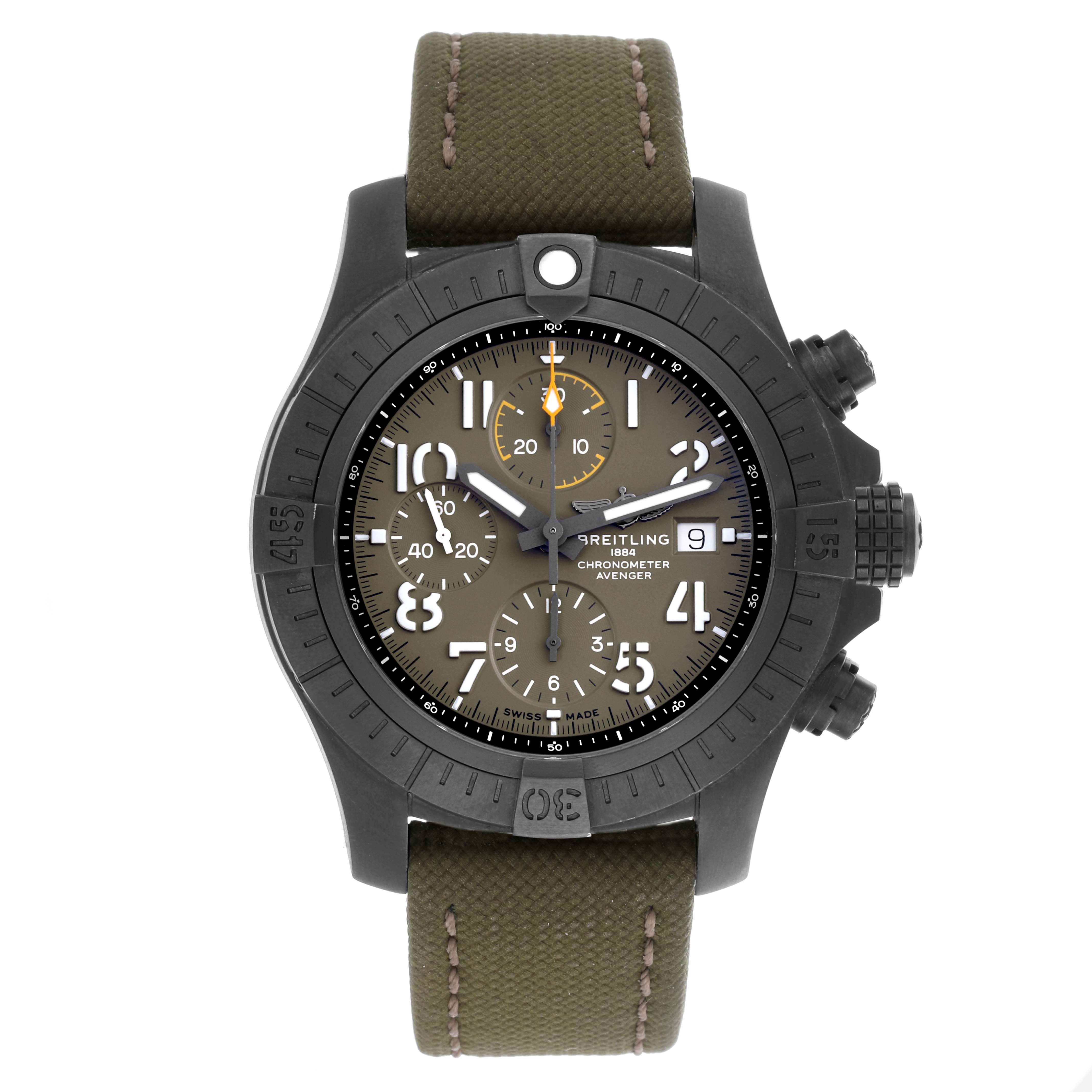 The Breitling Avenger V13317414L1X1 Men's Titanium Green Dial V13317414L1X1 Men's Titanium Green Dial watch is shown from a front view, displaying its face, three sub-dials, and textured strap.