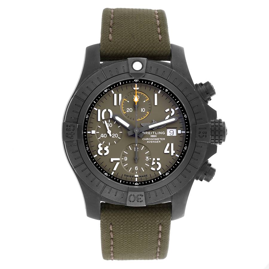 The Breitling Avenger watch is shown from a front view, displaying its face, three sub-dials, and textured strap.