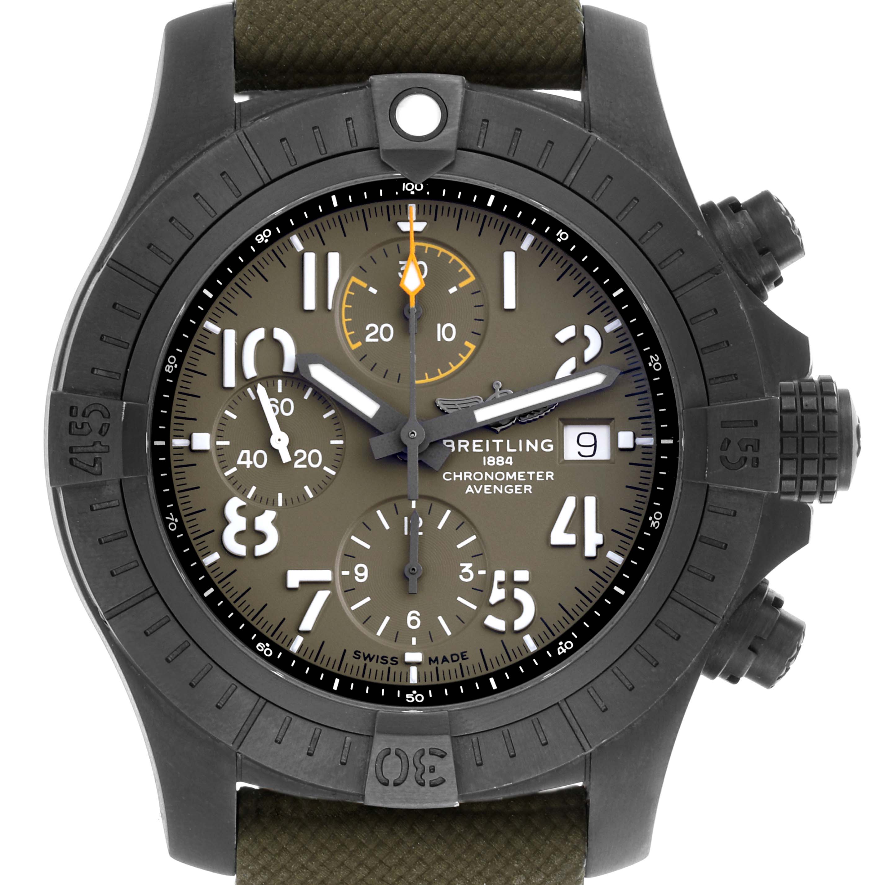 The Breitling Avenger V13317414L1X1 Men's Titanium Green Dial V13317414L1X1 Men's Titanium Green Dial watch is shown from a front angle, displaying the dial, bezel, and pushers.