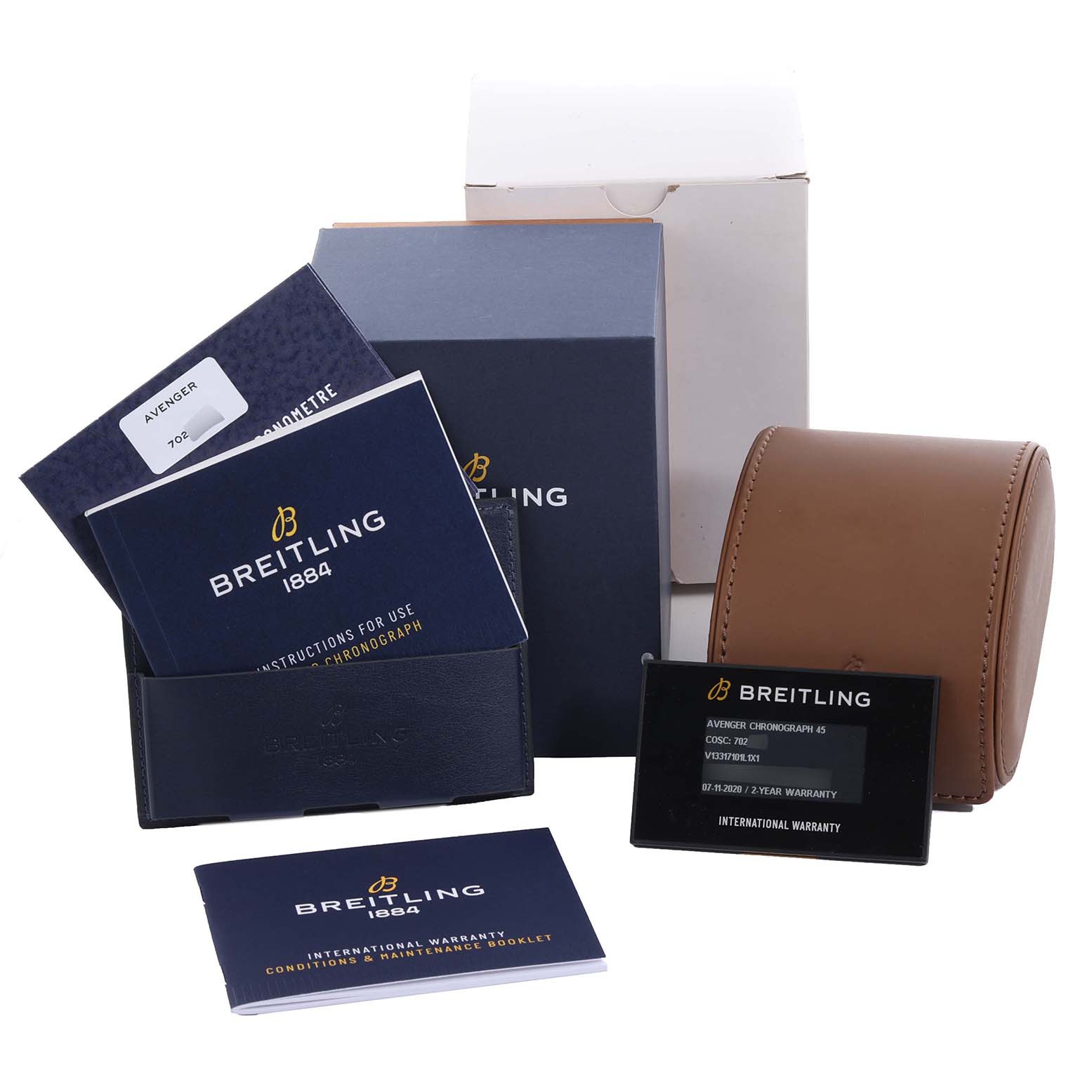 The image shows Breitling Avenger V13317414L1X1 Men's Titanium Green Dial V13317414L1X1 Men's Titanium Green Dial watch packaging, manuals, a warranty card, and a leather case from a frontal angle.