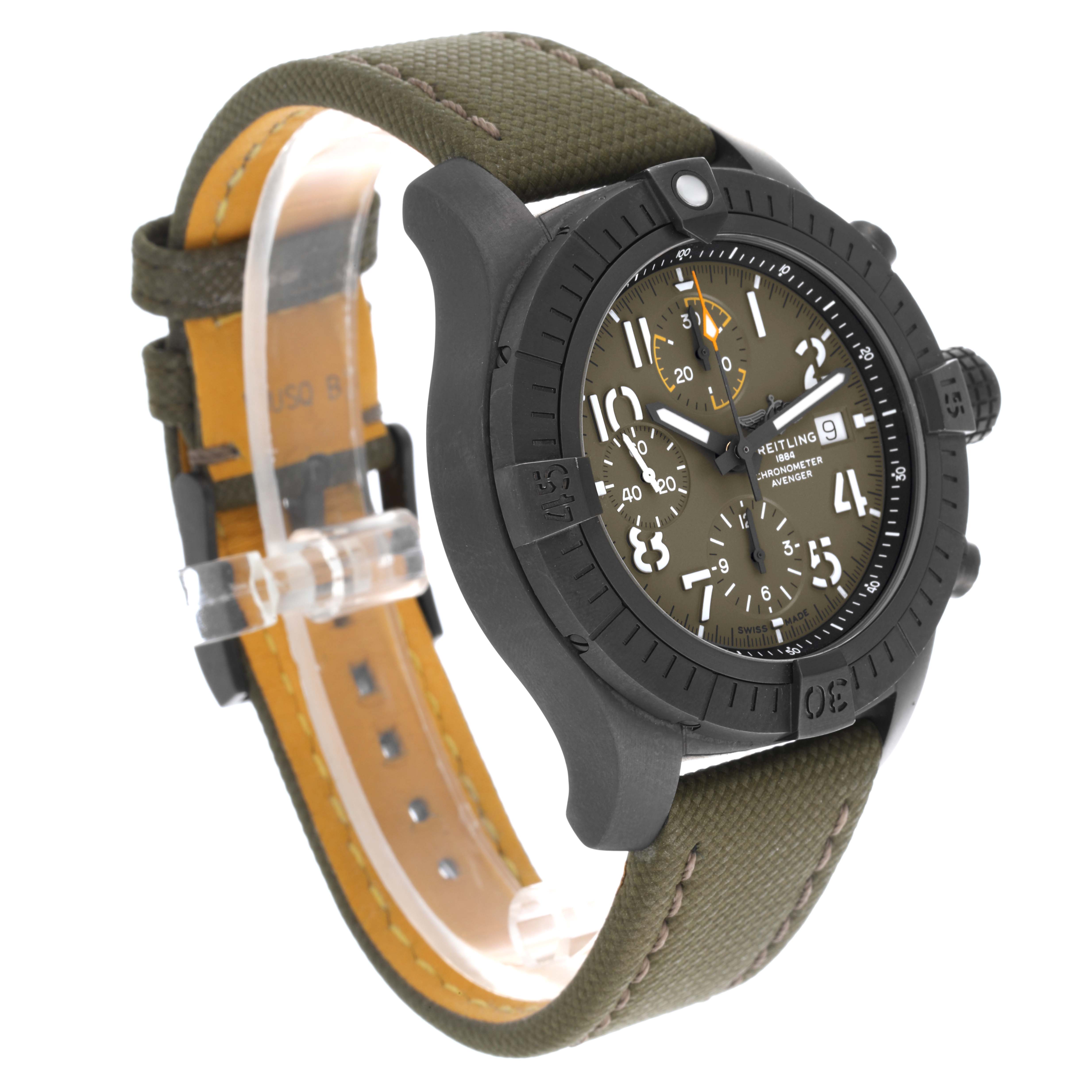 The Breitling Avenger V13317414L1X1 Men's Titanium Green Dial V13317414L1X1 Men's Titanium Green Dial watch is shown at an angled view, displaying the face, bezel, and part of the strap.