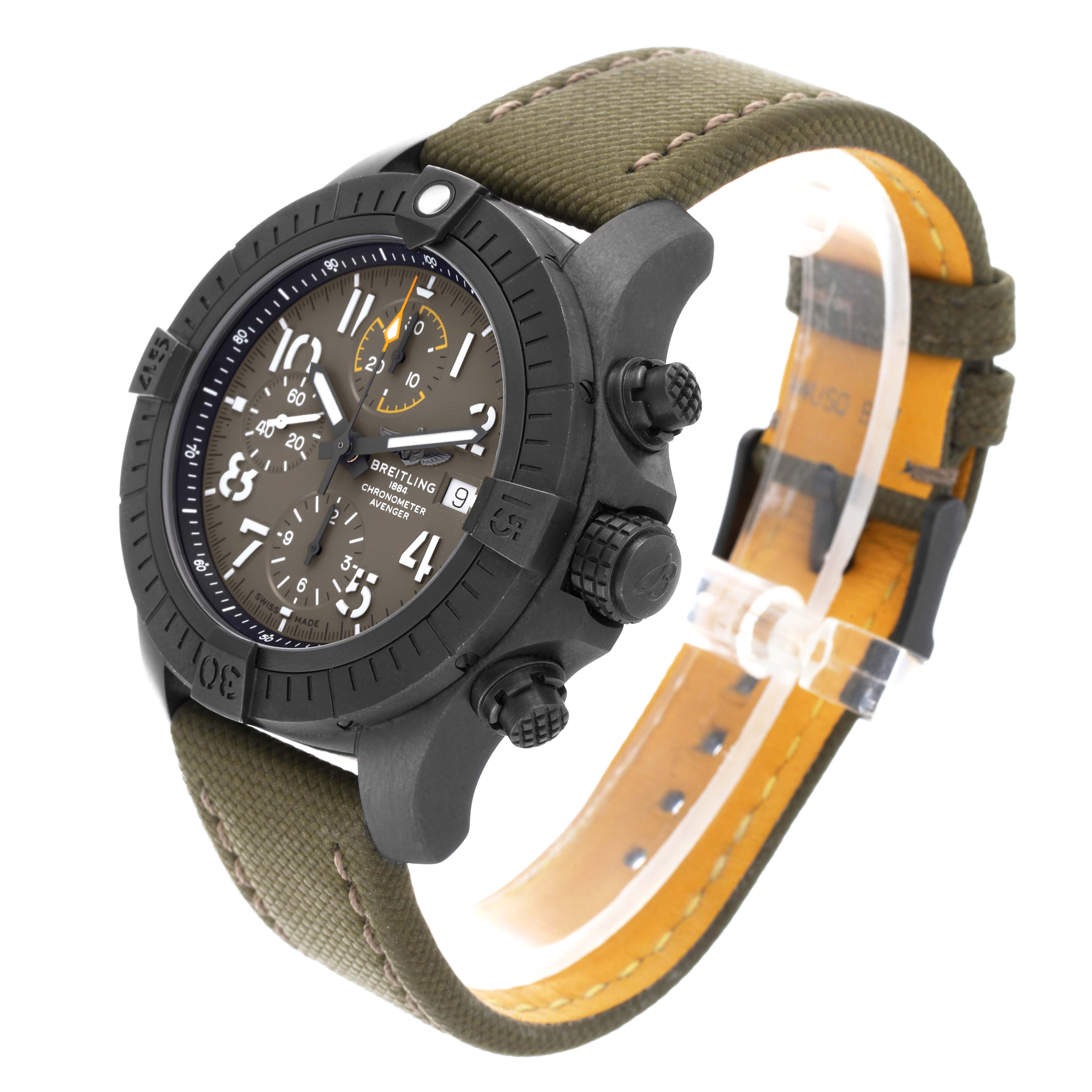 The Breitling Avenger V13317414L1X1 Men's Titanium Green Dial V13317414L1X1 Men's Titanium Green Dial watch is shown at a three-quarter angle, displaying the face, bezel, crown, chronograph pushers, and strap.