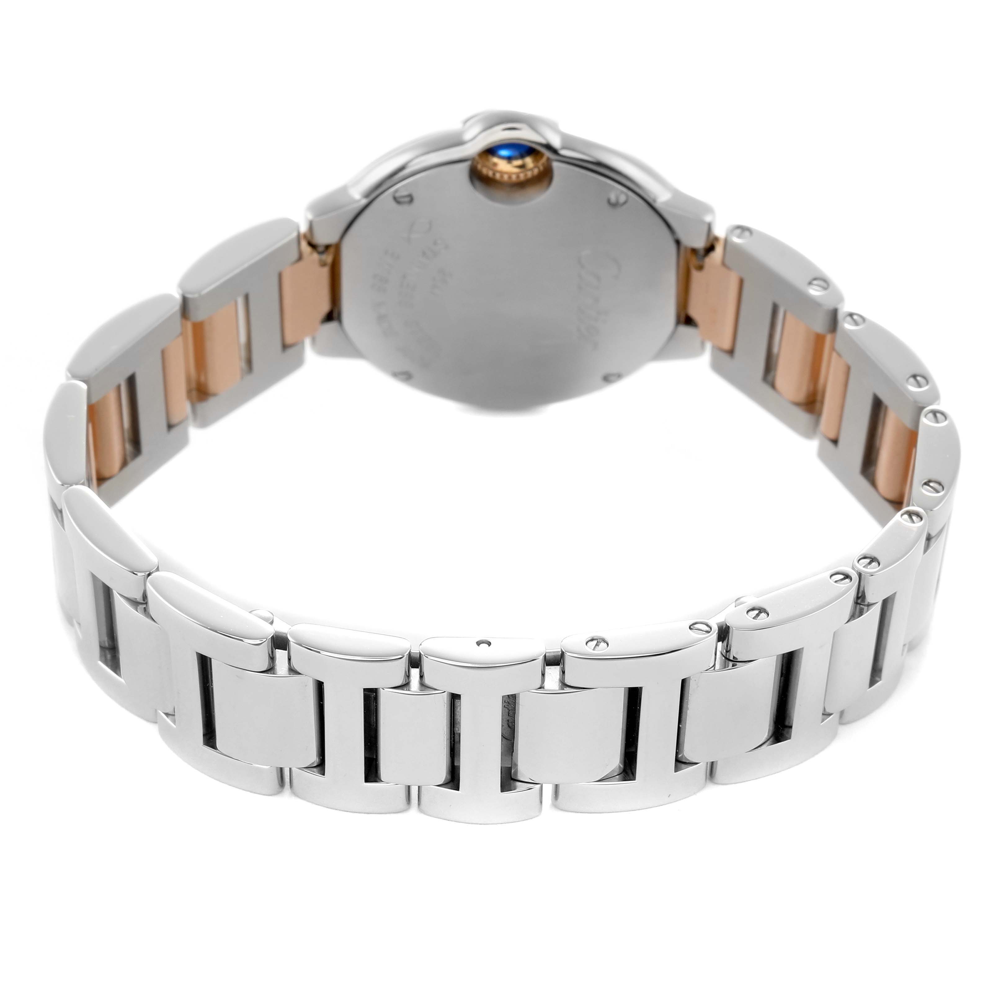 The image shows the back and bracelet of a Cartier Ballon Bleu W6920034 Women's Steel and Gold (two tone) Mother of Pearl Dial watch, highlighting its metal links and crown detail.