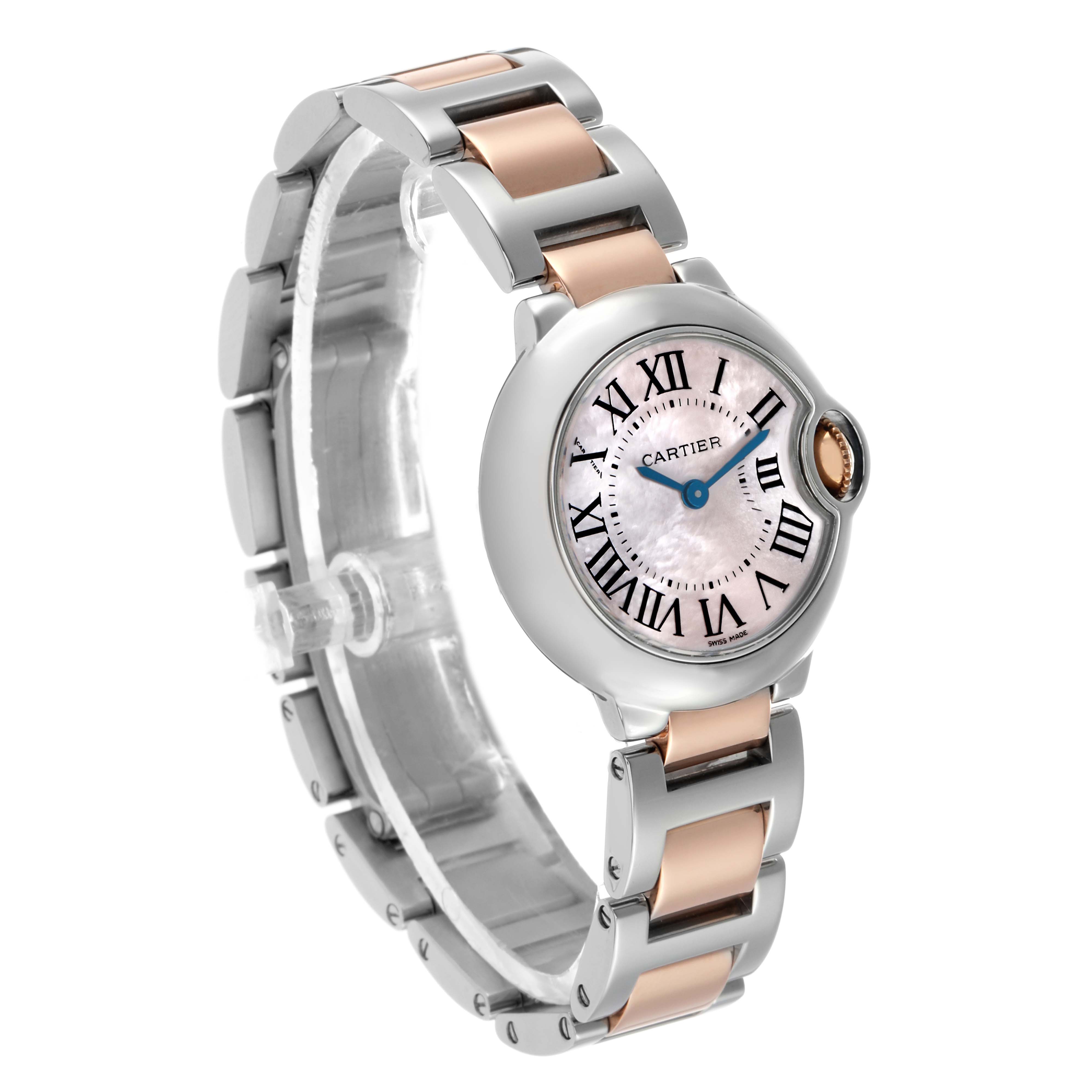 The Cartier Ballon Bleu W6920034 Women's Steel and Gold (two tone) Mother of Pearl Dial watch is shown at a three-quarter angle, displaying the face, bezel, and two-tone bracelet.