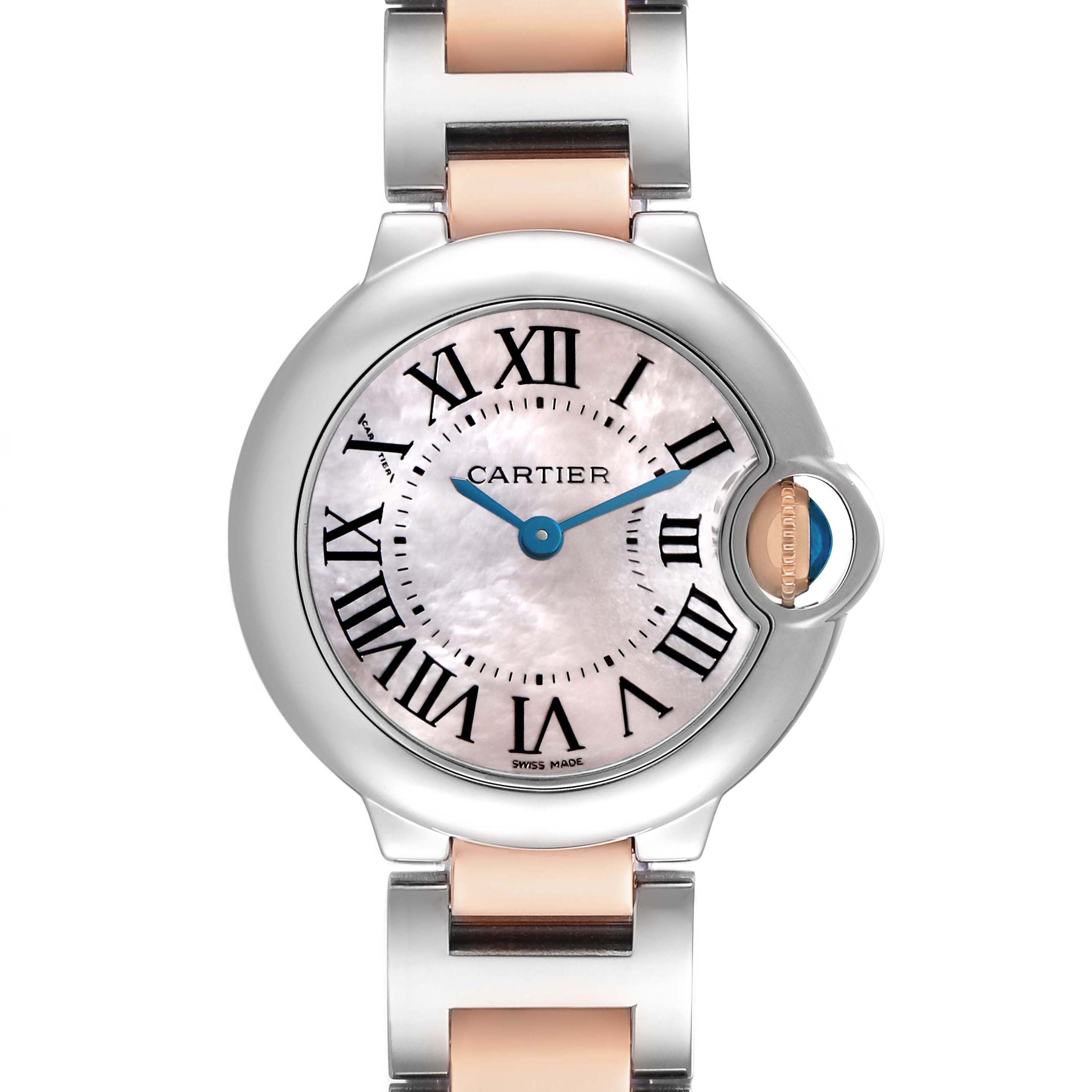 The Cartier Ballon Bleu W6920034 Women's Steel and Gold (two tone) Mother of Pearl Dial watch is shown from a top-down angle, displaying the face, crown, and part of the bracelet.