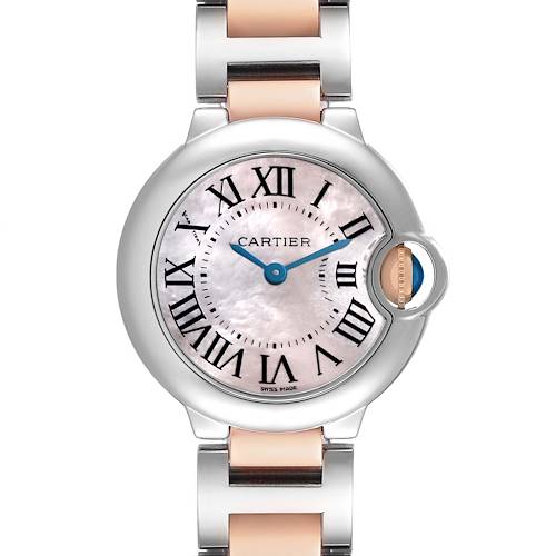 The Cartier Ballon Bleu W6920034 Women's Steel and Gold (two tone) Mother of Pearl Dial watch is shown from a front angle, highlighting the face, crown, and part of the bracelet.