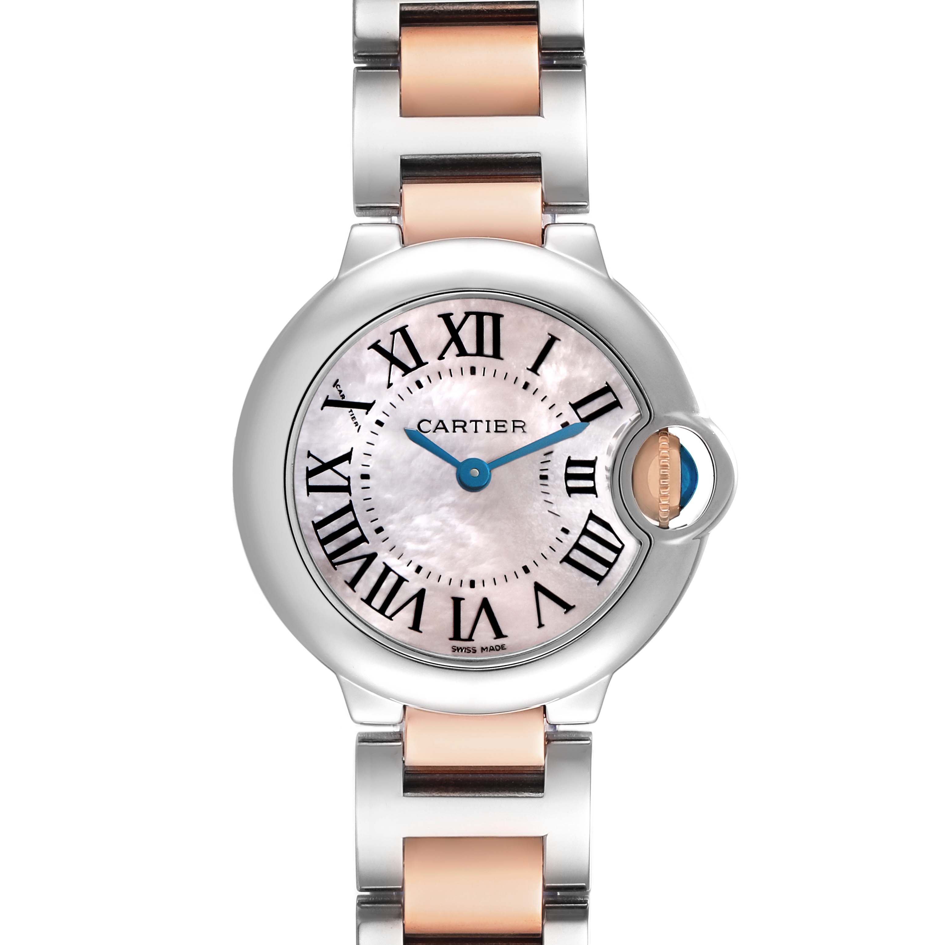 The Cartier Ballon Bleu W6920034 Women's Steel and Gold (two tone) Mother of Pearl Dial watch is shown from a front angle, highlighting its round case, Roman numeral dial, and metal bracelet.