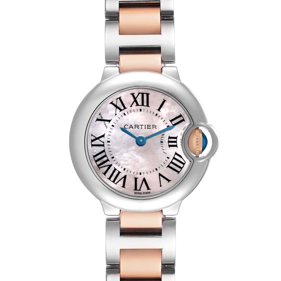 The Cartier Ballon Bleu W6920034 Women's Steel and Gold (two tone) Mother of Pearl Dial watch is shown from a front angle, highlighting its round case, Roman numeral dial, and metal bracelet.