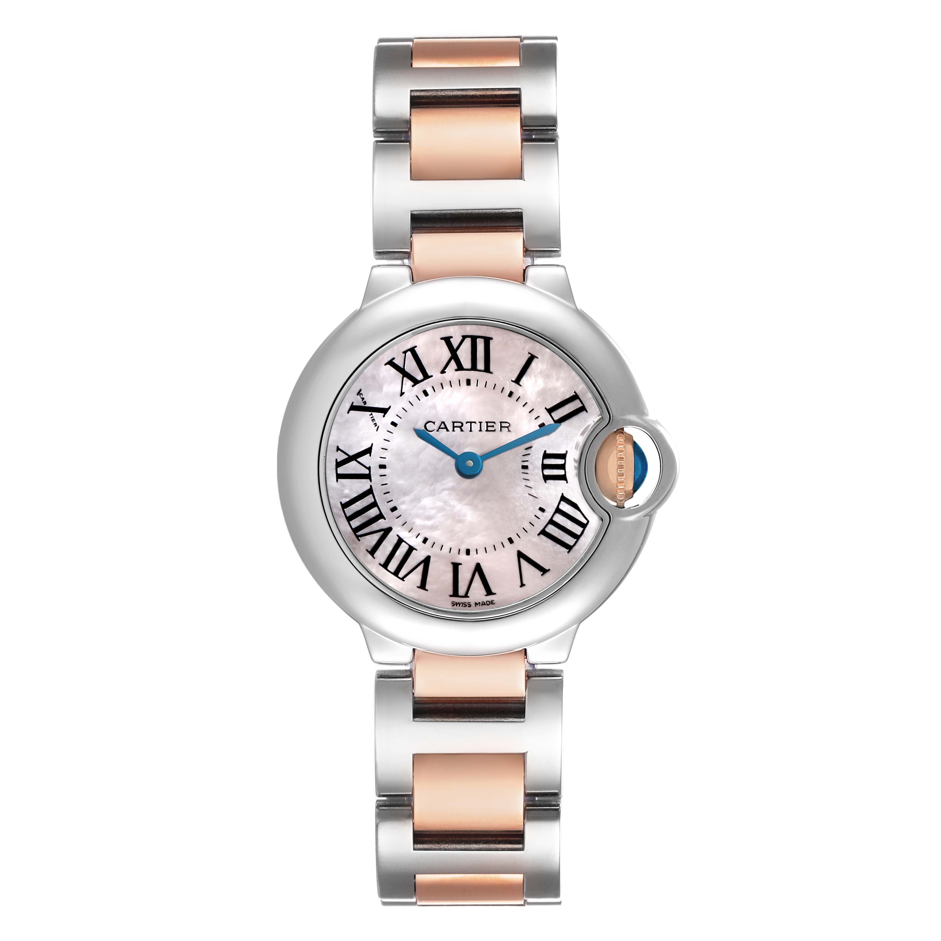 The Cartier Ballon Bleu W6920034 Women's Steel and Gold (two tone) Mother of Pearl Dial watch is shown from a front angle, displaying the dial, hands, case, and bracelet.