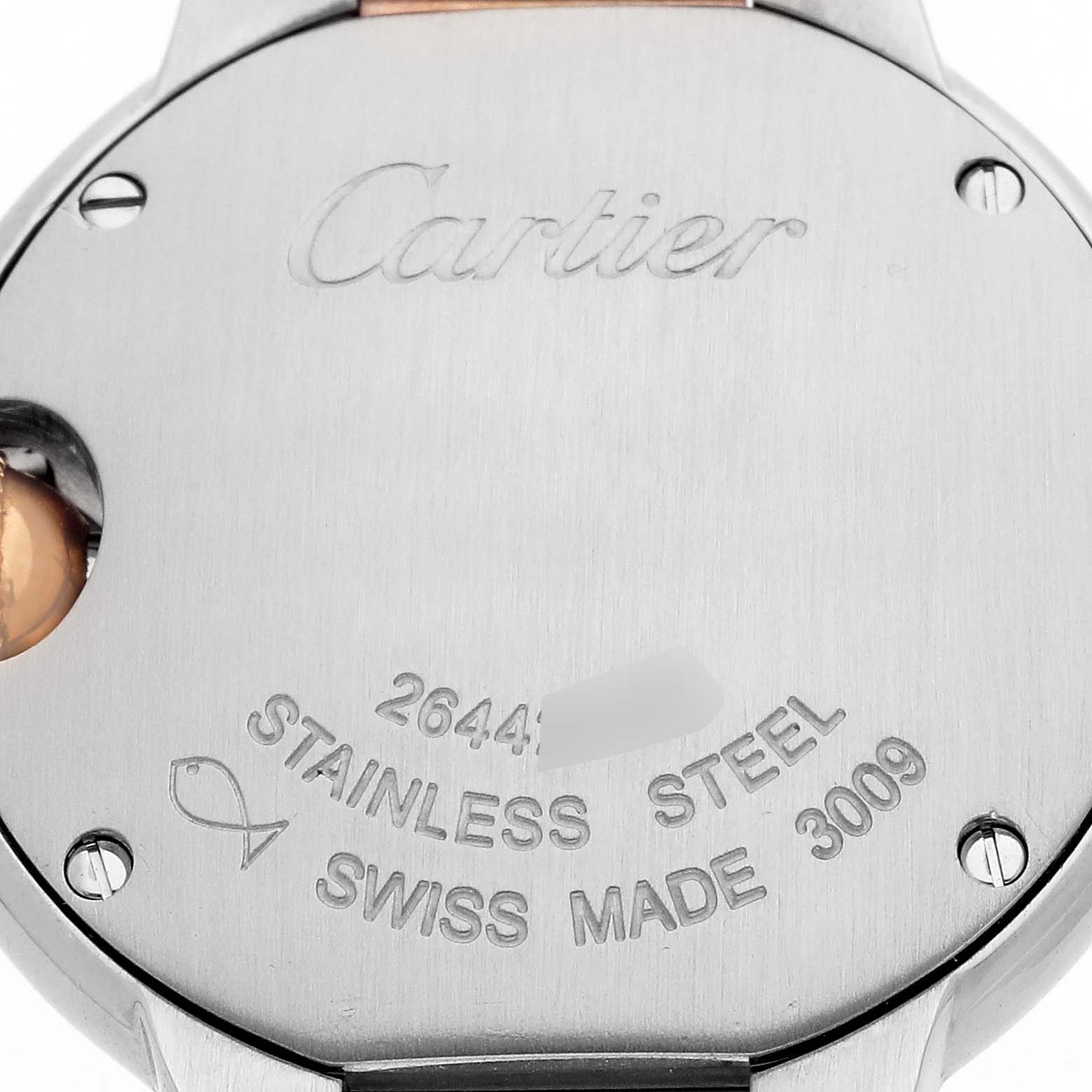 The image shows the back case of a Cartier Ballon Bleu W6920034 Women's Steel and Gold (two tone) Mother of Pearl Dial watch, highlighting its stainless steel material.