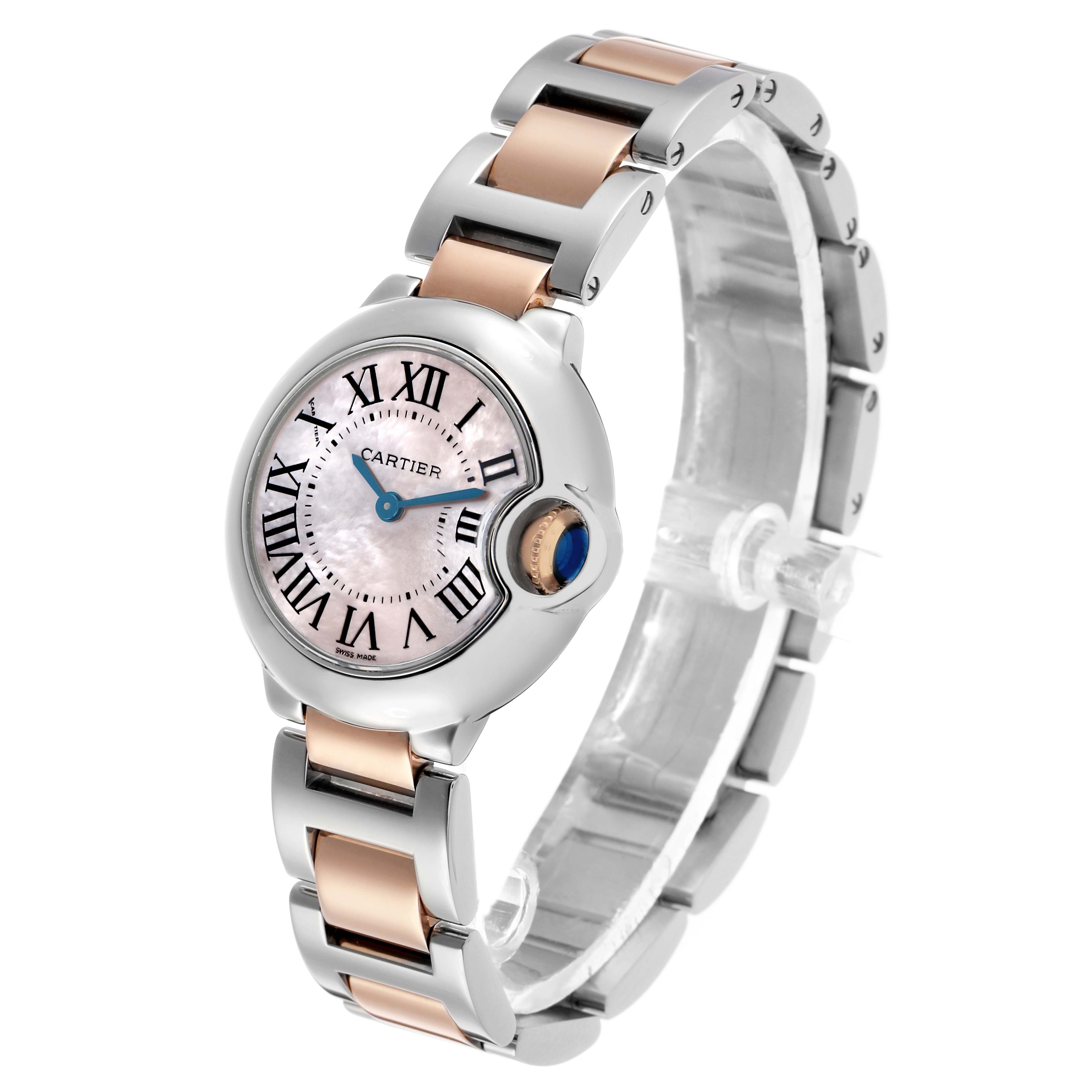 The Cartier Ballon Bleu W6920034 Women's Steel and Gold (two tone) Mother of Pearl Dial watch is shown at a front-left angle, highlighting its face, bracelet, and crown.