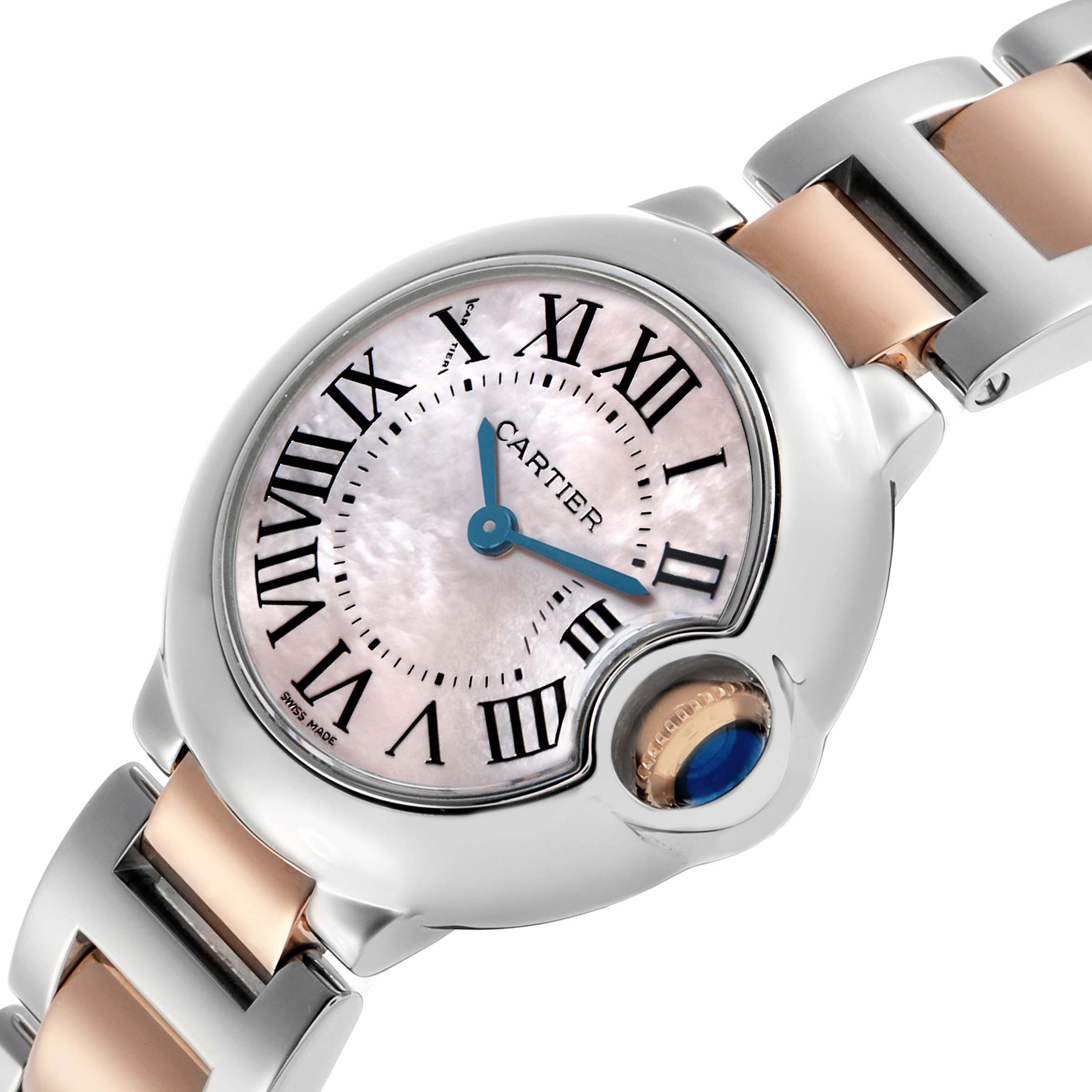 The Cartier Ballon Bleu W6920034 Women's Steel and Gold (two tone) Mother of Pearl Dial watch is shown at a slight angle, highlighting the dial, crown, and part of the two-tone bracelet.