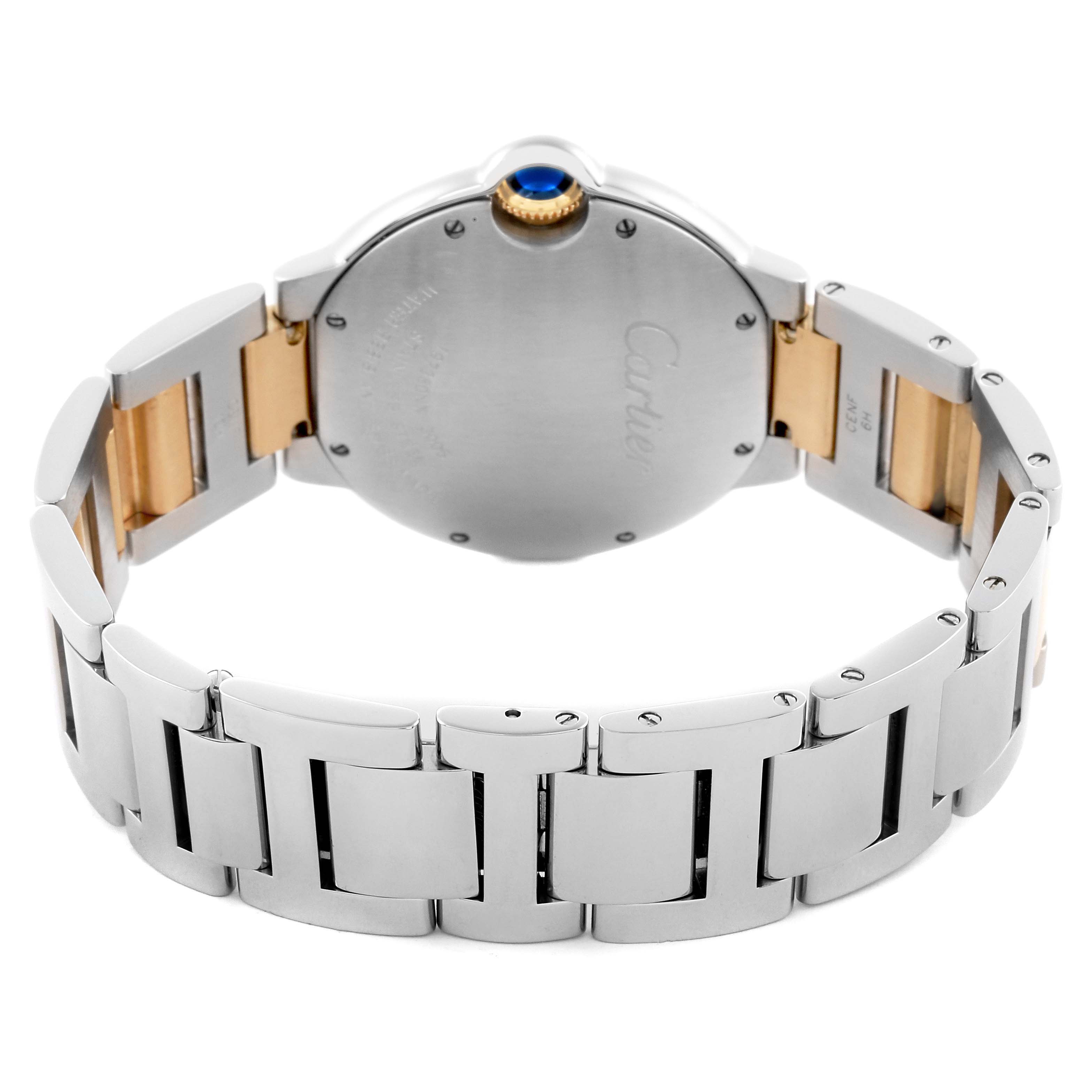 The image shows a rear view of the Cartier Ballon Bleu W69008Z3 Men
s Steel and Gold (two tone) Silver Dial W69008Z3 Men
s Steel and Gold (two tone) Silver Dial watch, highlighting the bracelet and case back.