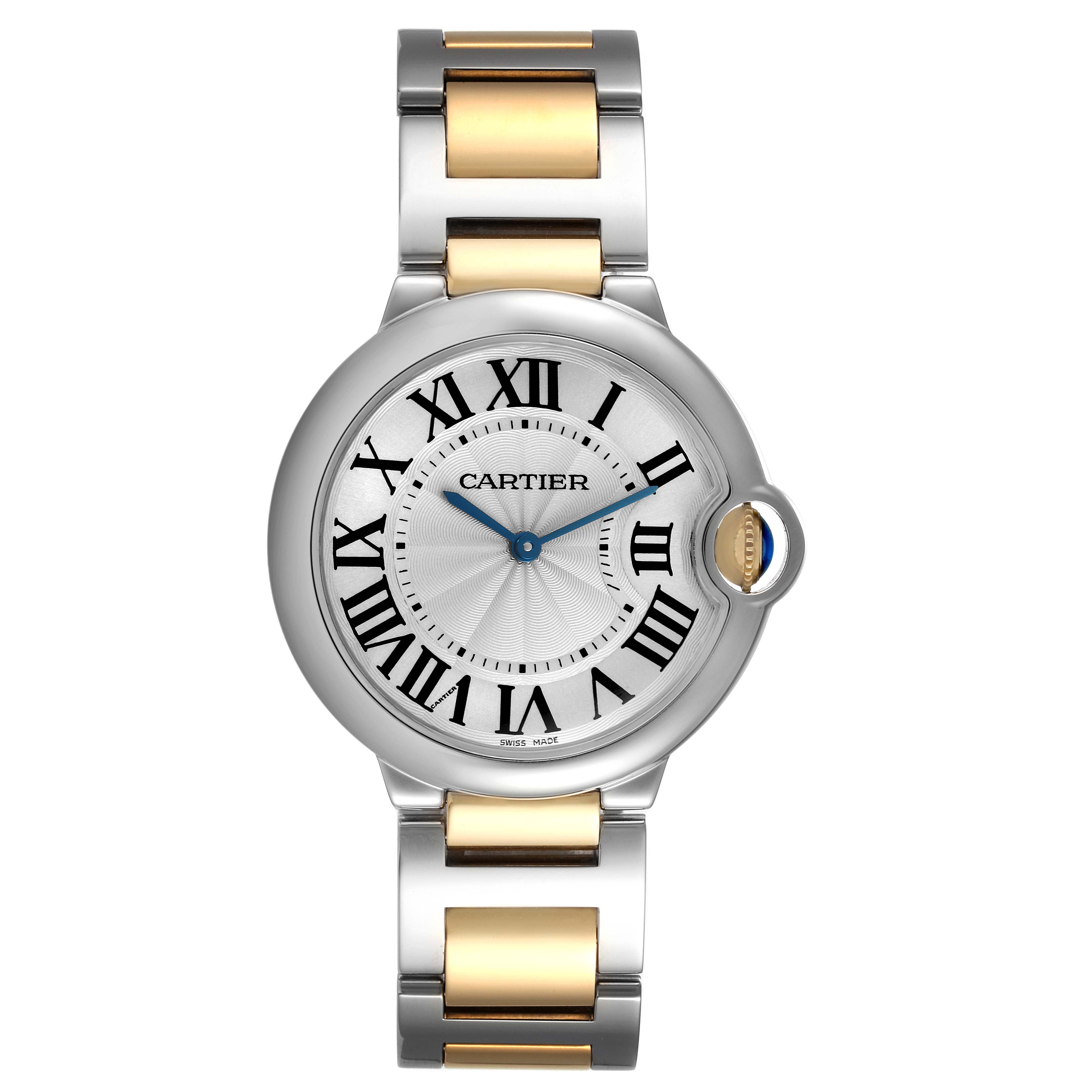 The Cartier Ballon Bleu W69008Z3 Men
s Steel and Gold (two tone) Silver Dial W69008Z3 Men
s Steel and Gold (two tone) Silver Dial watch is shown from a front angle, displaying its dial, case, crown, and two-tone bracelet.