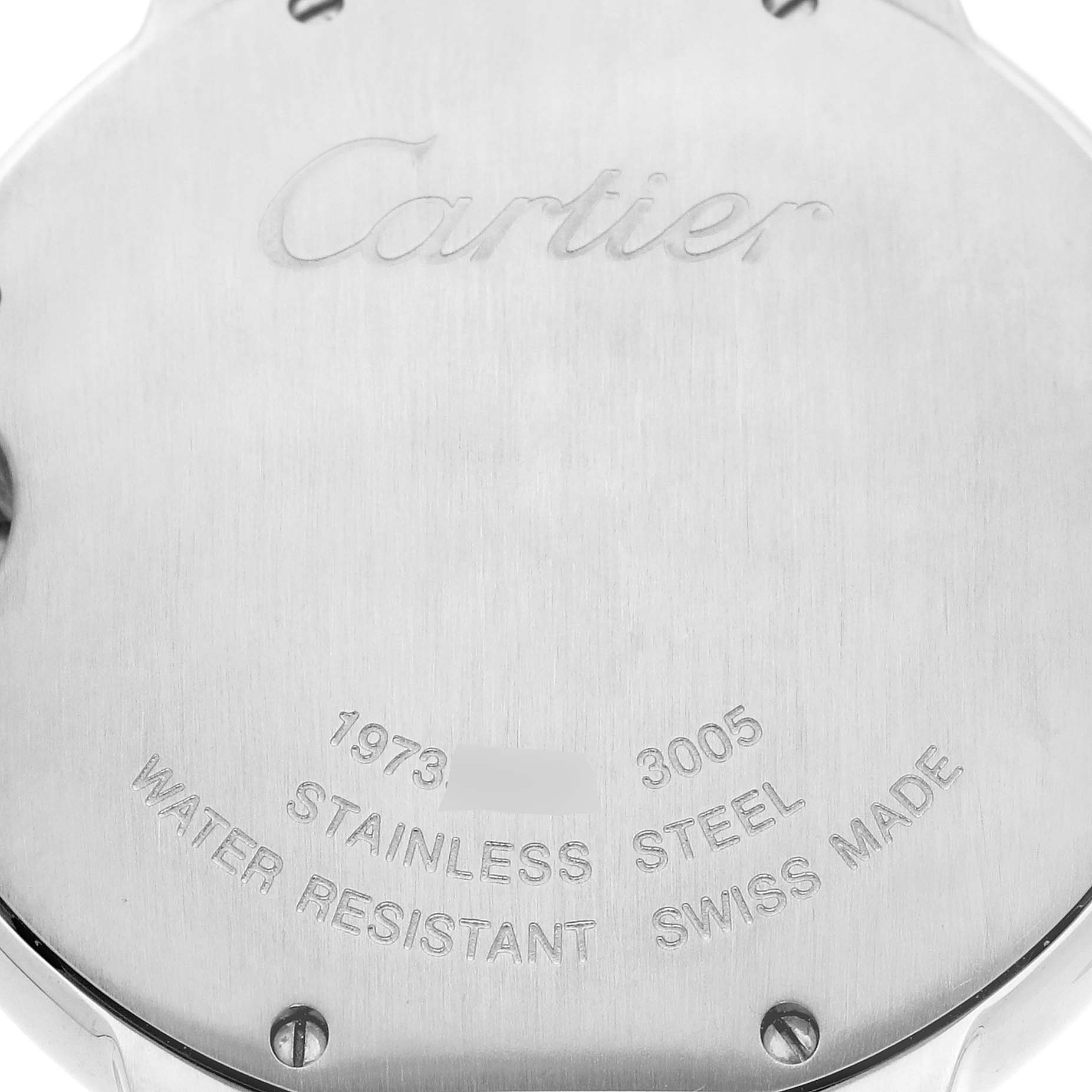 The image shows the back case of the Cartier Ballon Bleu W69008Z3 Men
s Steel and Gold (two tone) Silver Dial W69008Z3 Men
s Steel and Gold (two tone) Silver Dial watch with engraved details.