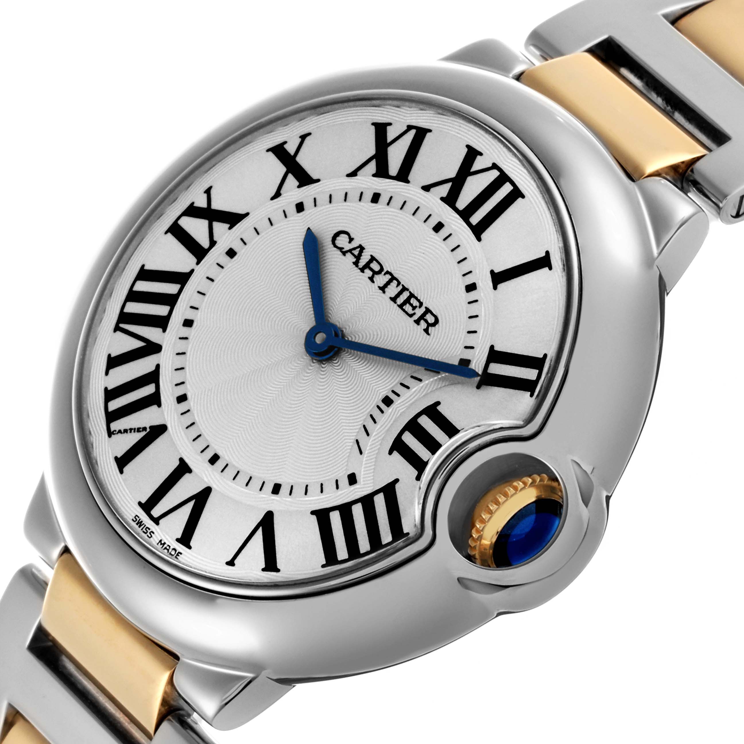 The Cartier Ballon Bleu W69008Z3 Men
s Steel and Gold (two tone) Silver Dial W69008Z3 Men
s Steel and Gold (two tone) Silver Dial watch is shown at a side angle, highlighting its dial, crown, and bracelet.