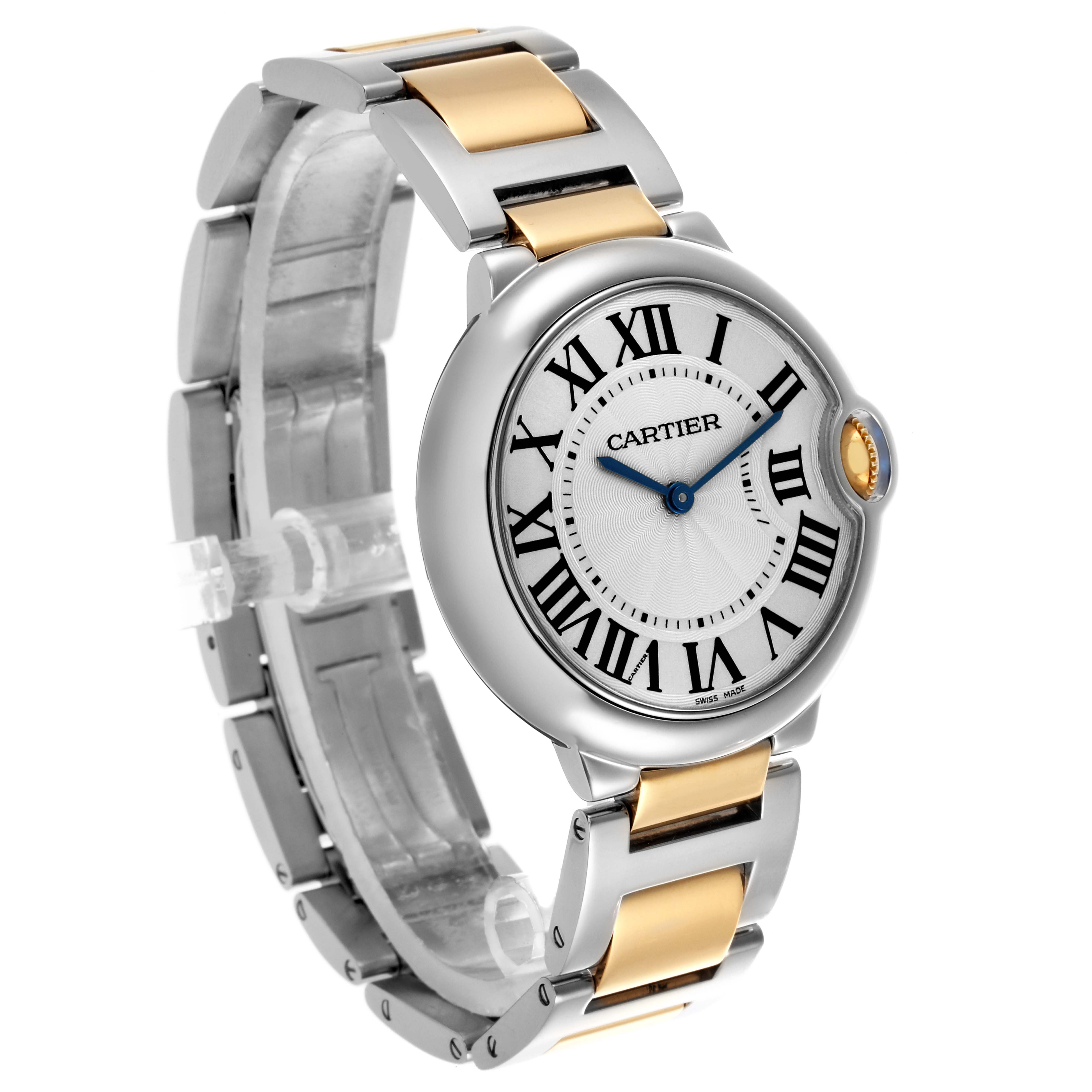 The Cartier Ballon Bleu W69008Z3 Men
s Steel and Gold (two tone) Silver Dial W69008Z3 Men
s Steel and Gold (two tone) Silver Dial watch is shown at a three-quarter angle, highlighting the dial, bezel, bracelet, and crown.