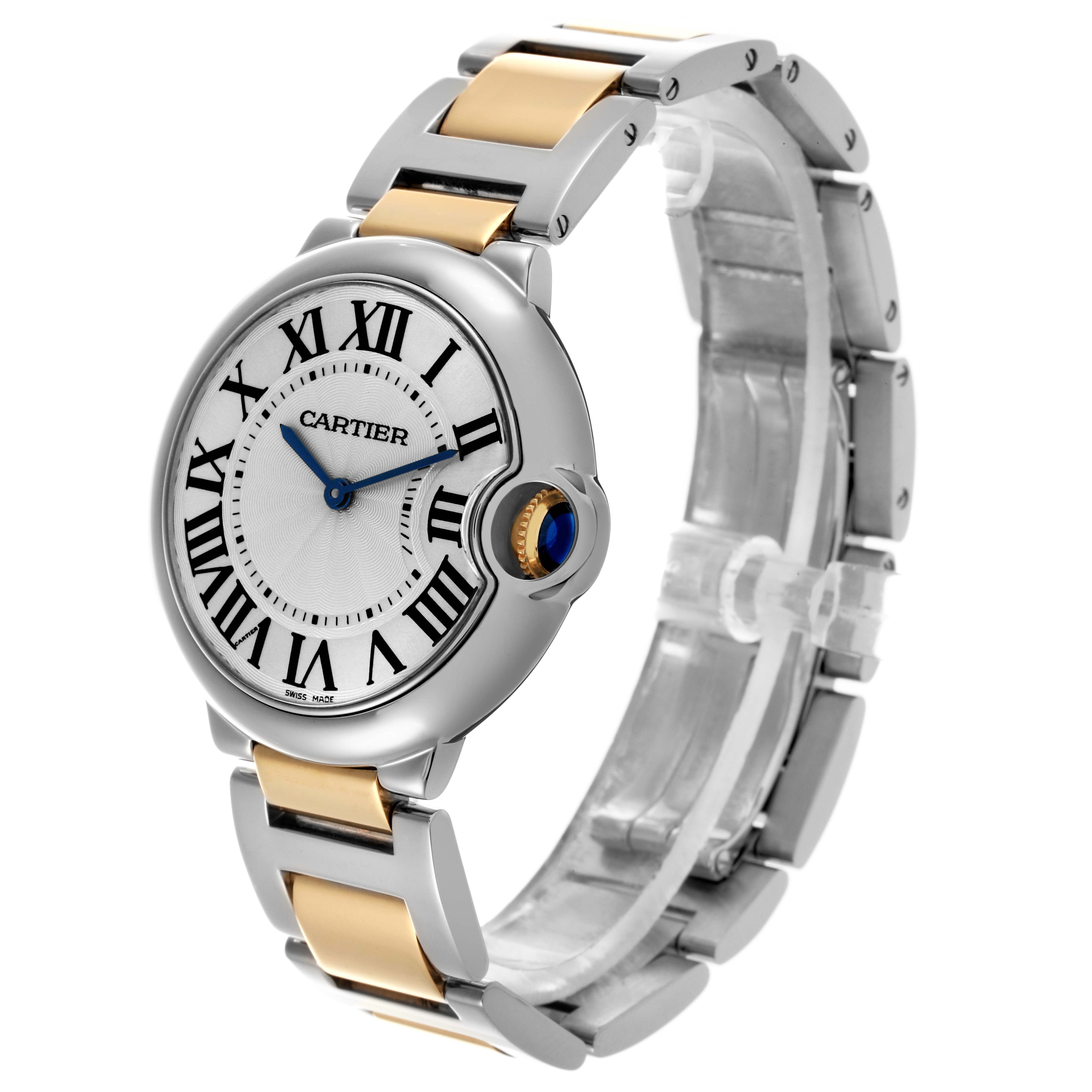 The Cartier Ballon Bleu W69008Z3 Men
s Steel and Gold (two tone) Silver Dial W69008Z3 Men
s Steel and Gold (two tone) Silver Dial watch is shown at a three-quarter angle, displaying its face, crown, and metal bracelet.