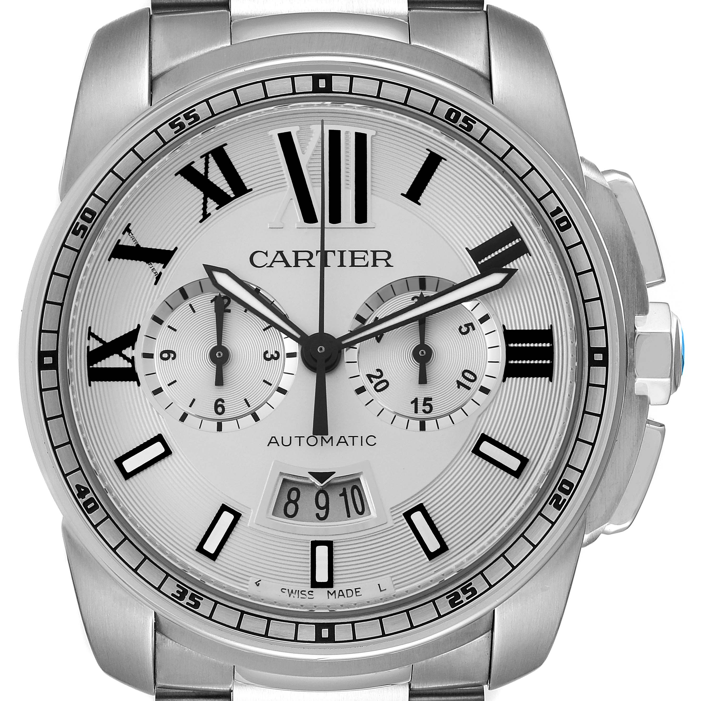 The image shows a frontal view of the Calibre de Cartier watch, highlighting the dial, hands, subdials, and markers.
