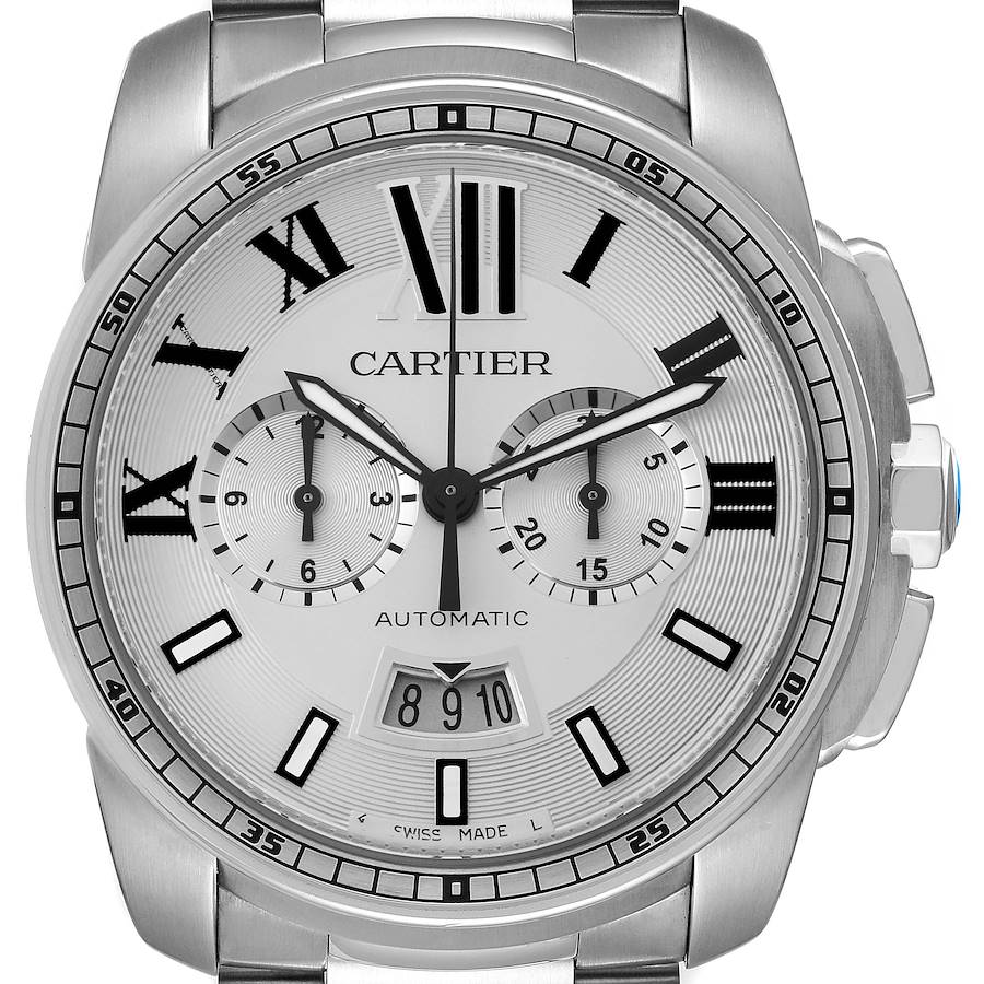 The image shows a frontal view of the Calibre de Cartier watch, highlighting the dial, hands, subdials, and markers.