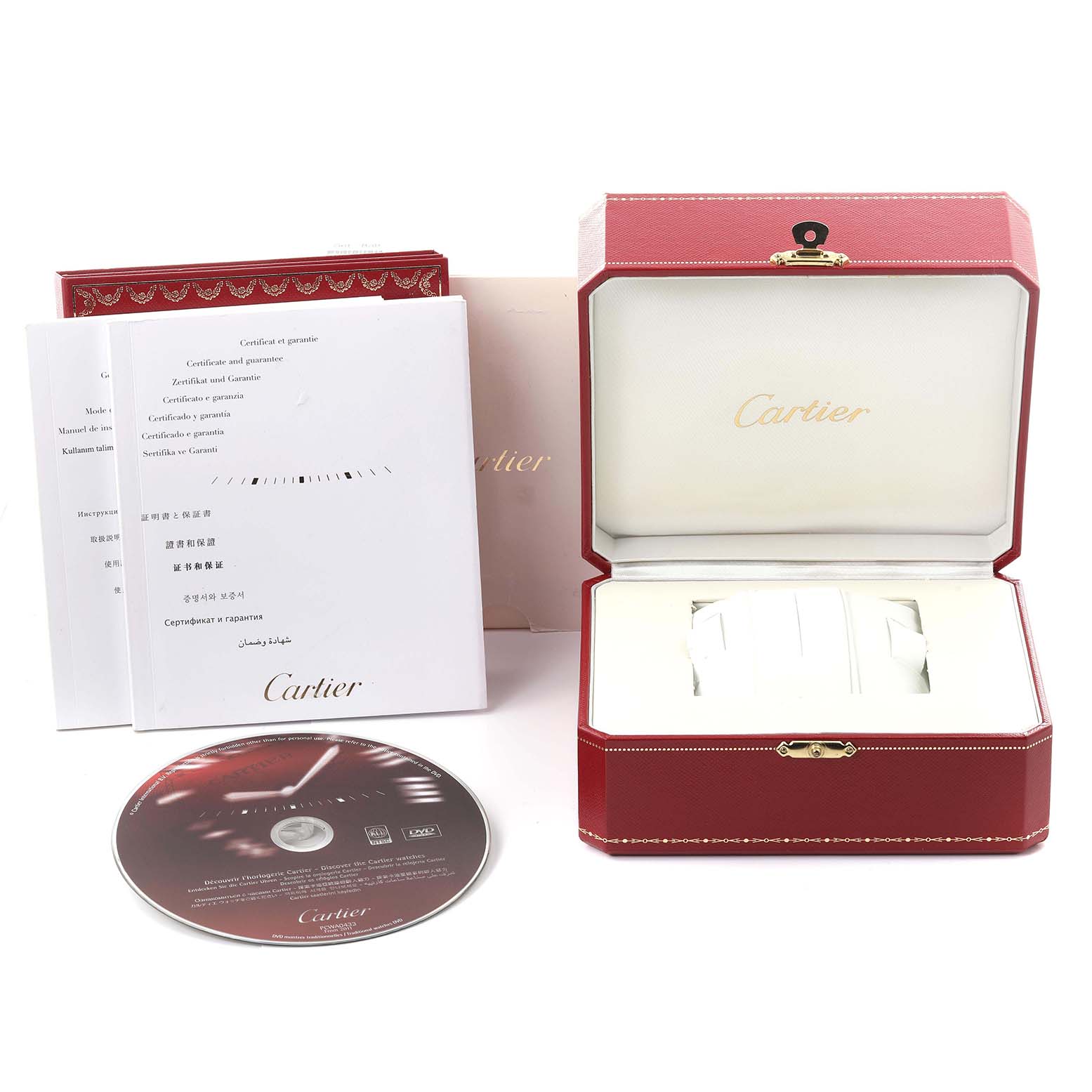 The image shows a Cartier Calibre de Cartier W7100045 Men's Stainless Steel Silver Dial W7100045 Men's Stainless Steel Silver Dial watch box, manuals, and CD from a front angle.