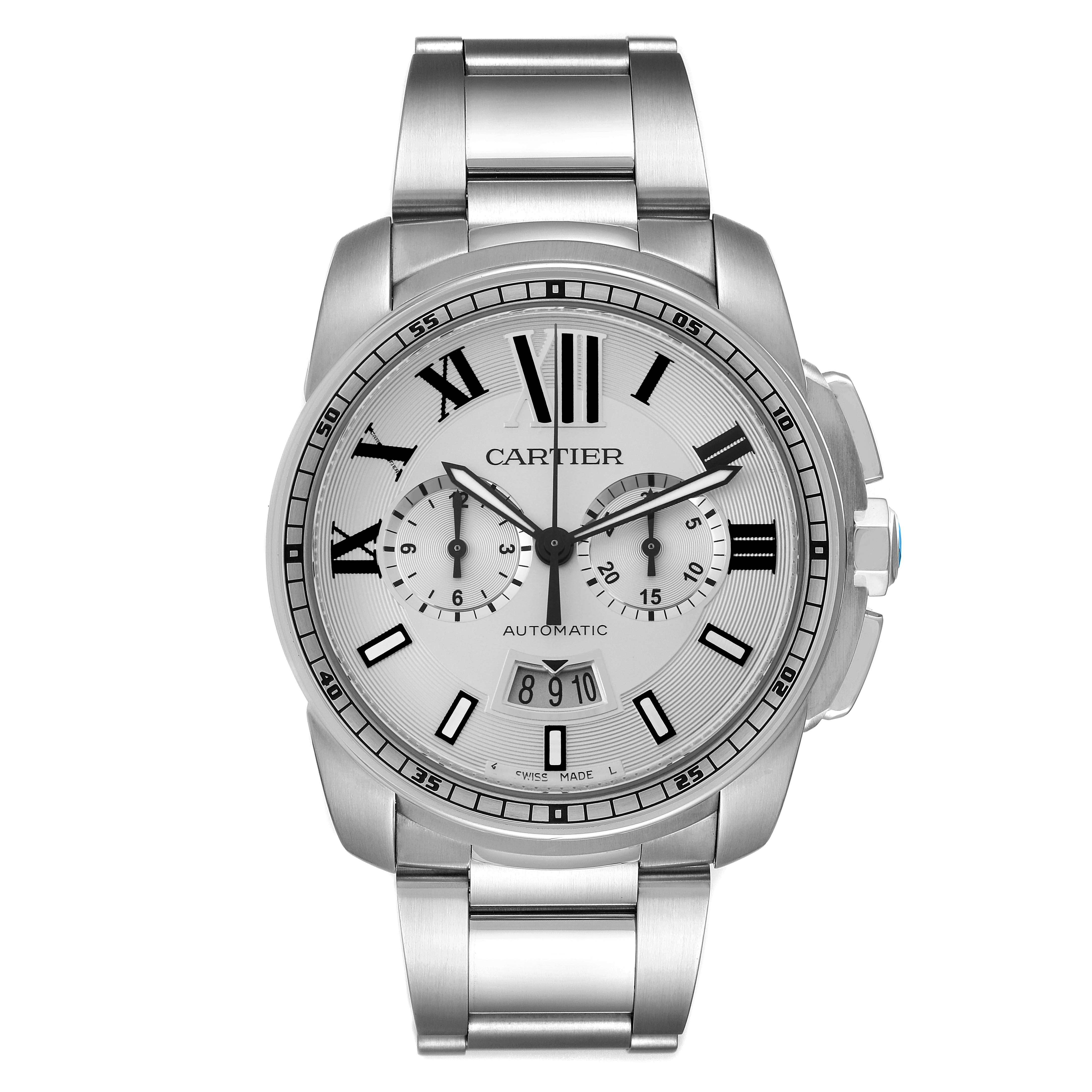 The Calibre de Cartier watch is shown from a front angle, displaying the dial, bracelet, crown, and sub-dials.