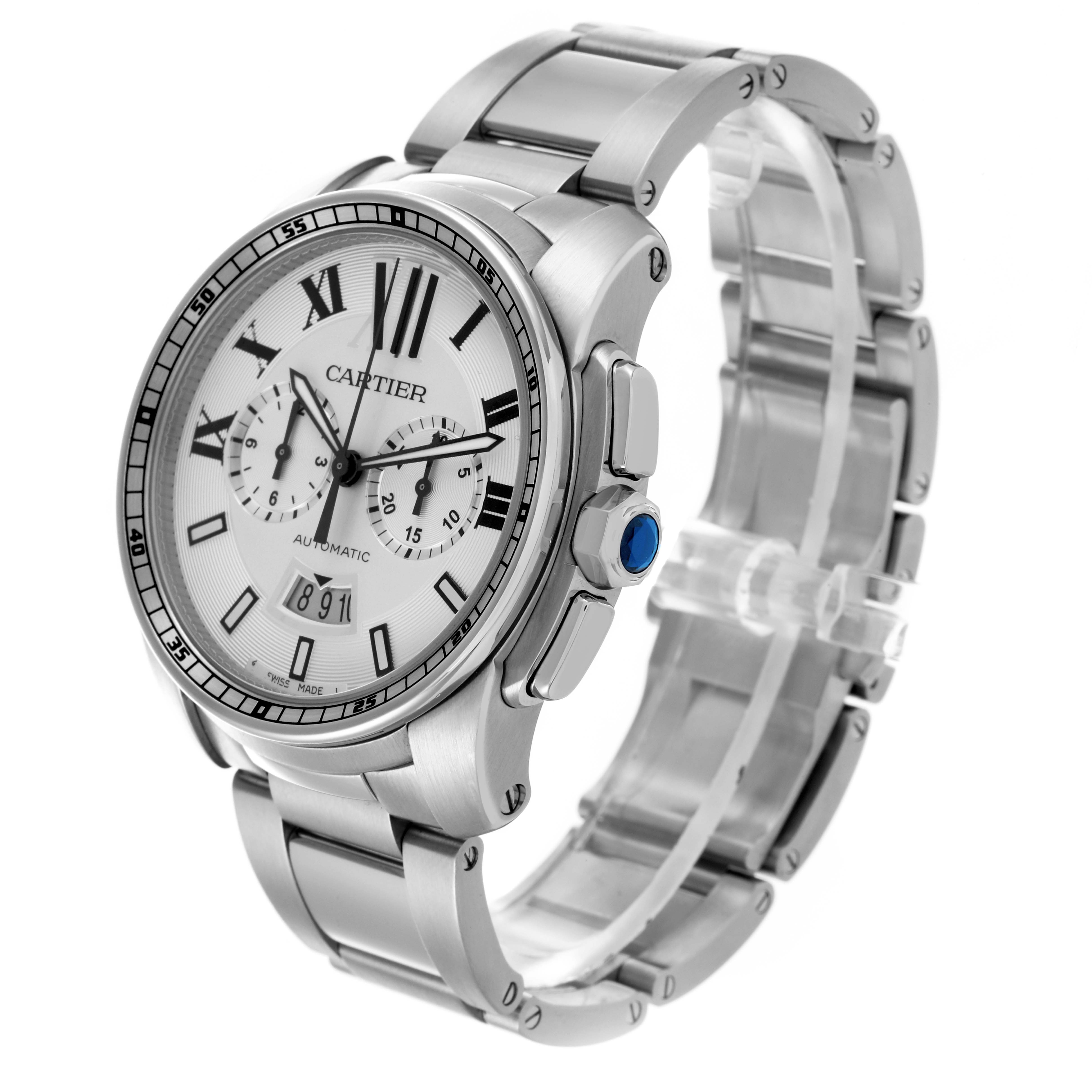 The Calibre de Cartier watch is shown at a three-quarter angle, displaying the dial, bezel, bracelet, and crown.