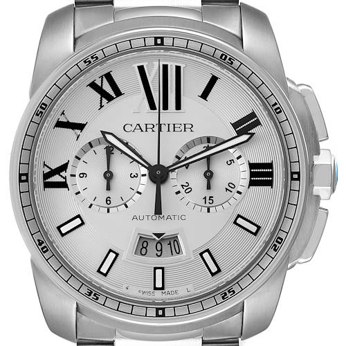 The Calibre de Cartier watch is shown from the front, displaying the face, dial, sub-dials, and metal bracelet.