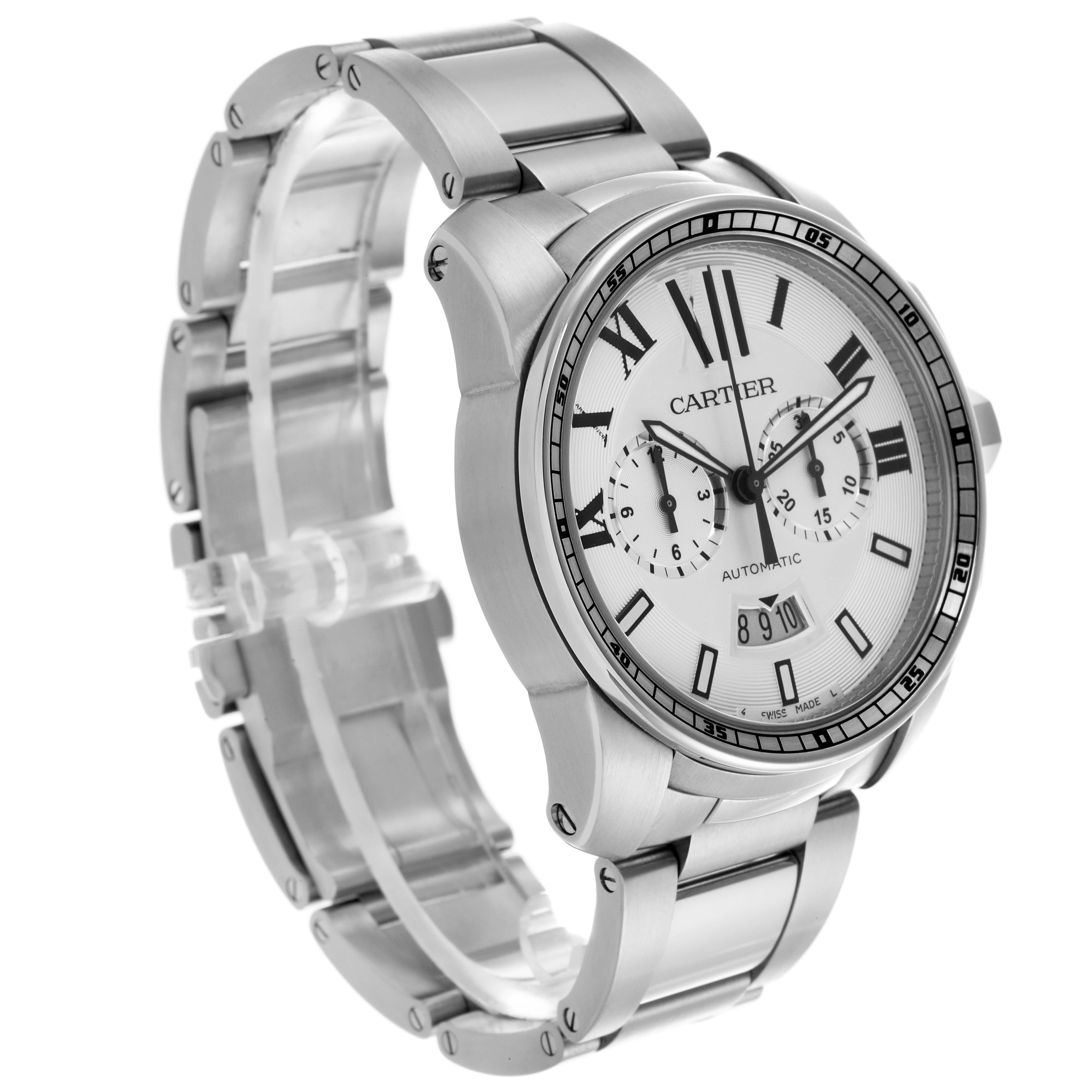 The Calibre de Cartier watch is shown at a three-quarter angle, displaying its face, bezel, and part of the bracelet.