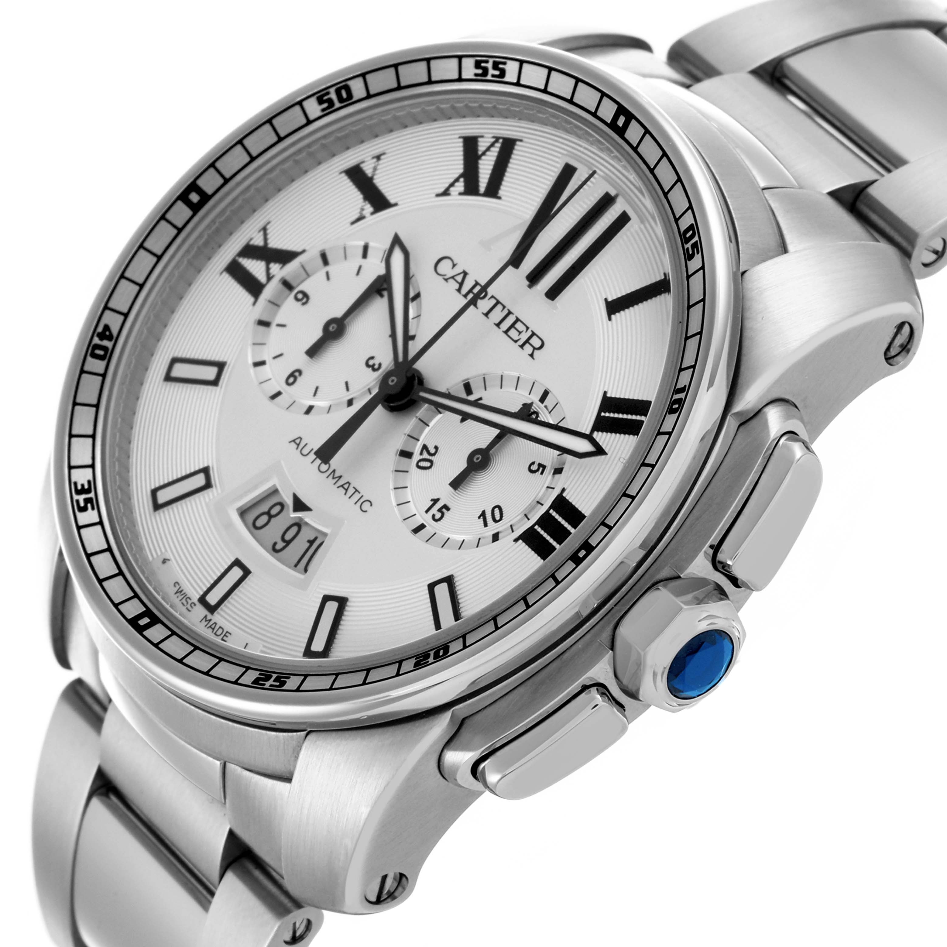 The Calibre de Cartier watch is shown at a slight angle, displaying the front dial, bezel, crown, and part of the bracelet.