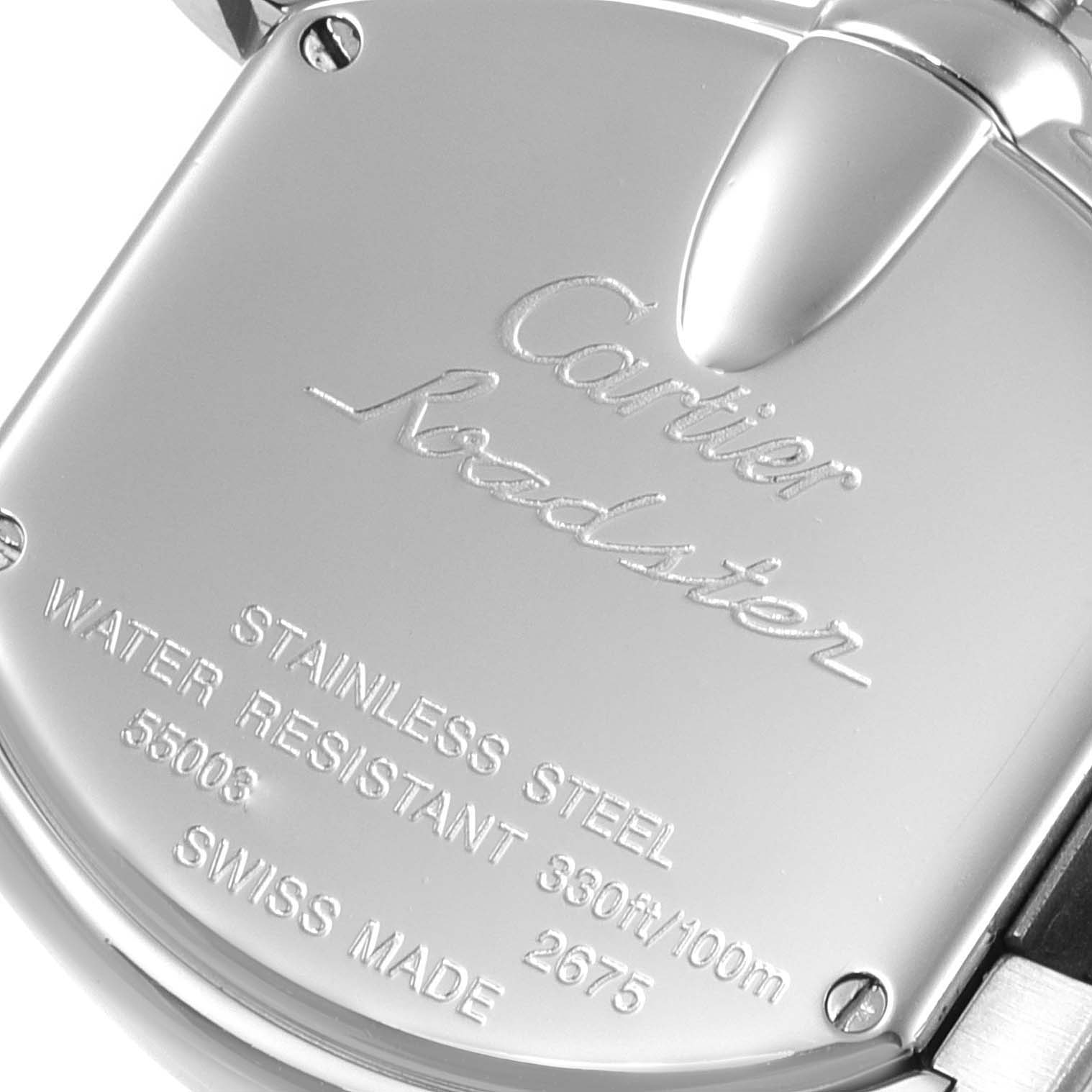This image shows the back case of a Cartier Roadster W62054V3 Women's Stainless Steel Pink Dial W62054V3 Women's Stainless Steel Pink Dial watch, displaying the brand, model, and specifications.