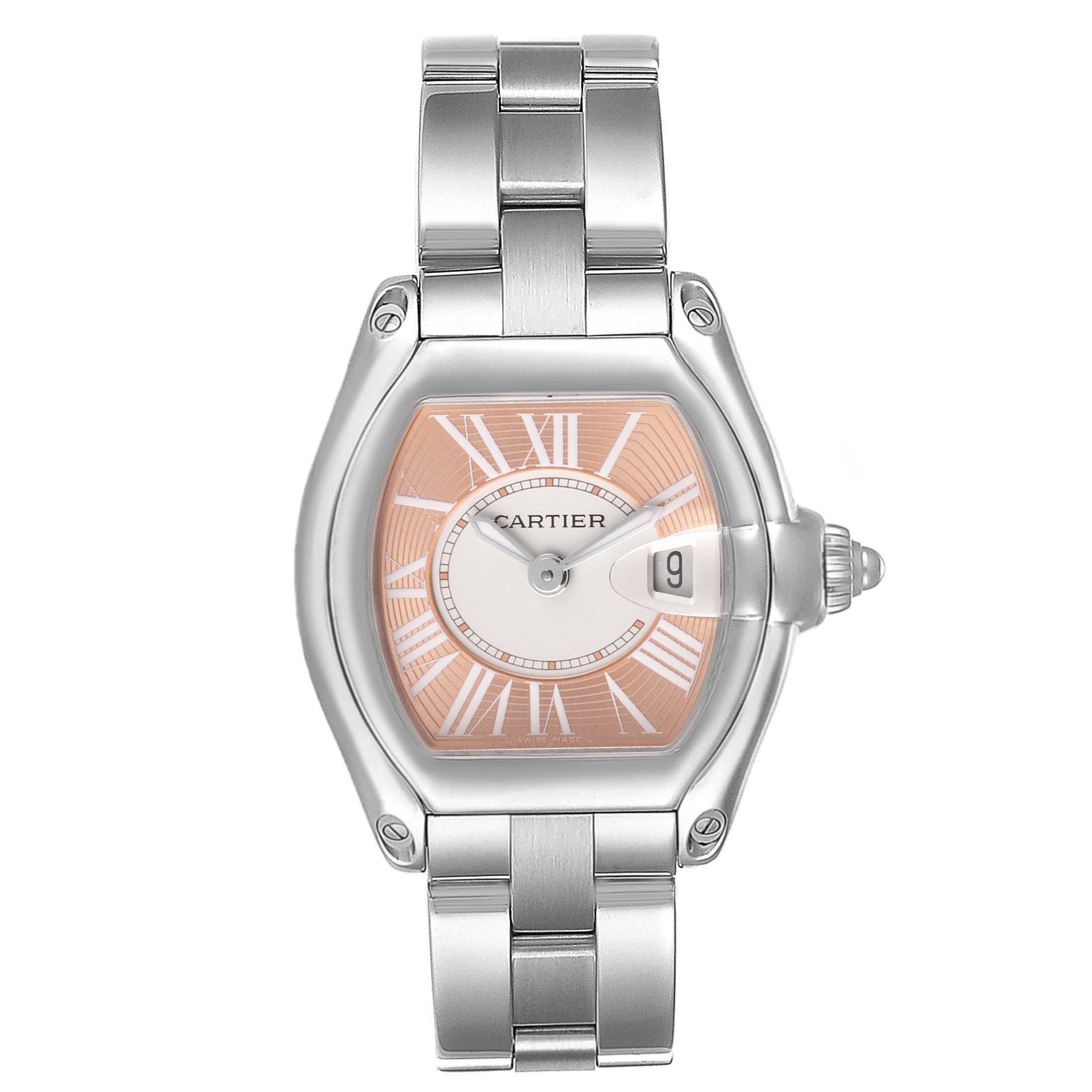 The image shows a front view of a Cartier Roadster W62054V3 Women's Stainless Steel Pink Dial W62054V3 Women's Stainless Steel Pink Dial watch, highlighting its face and metal bracelet.