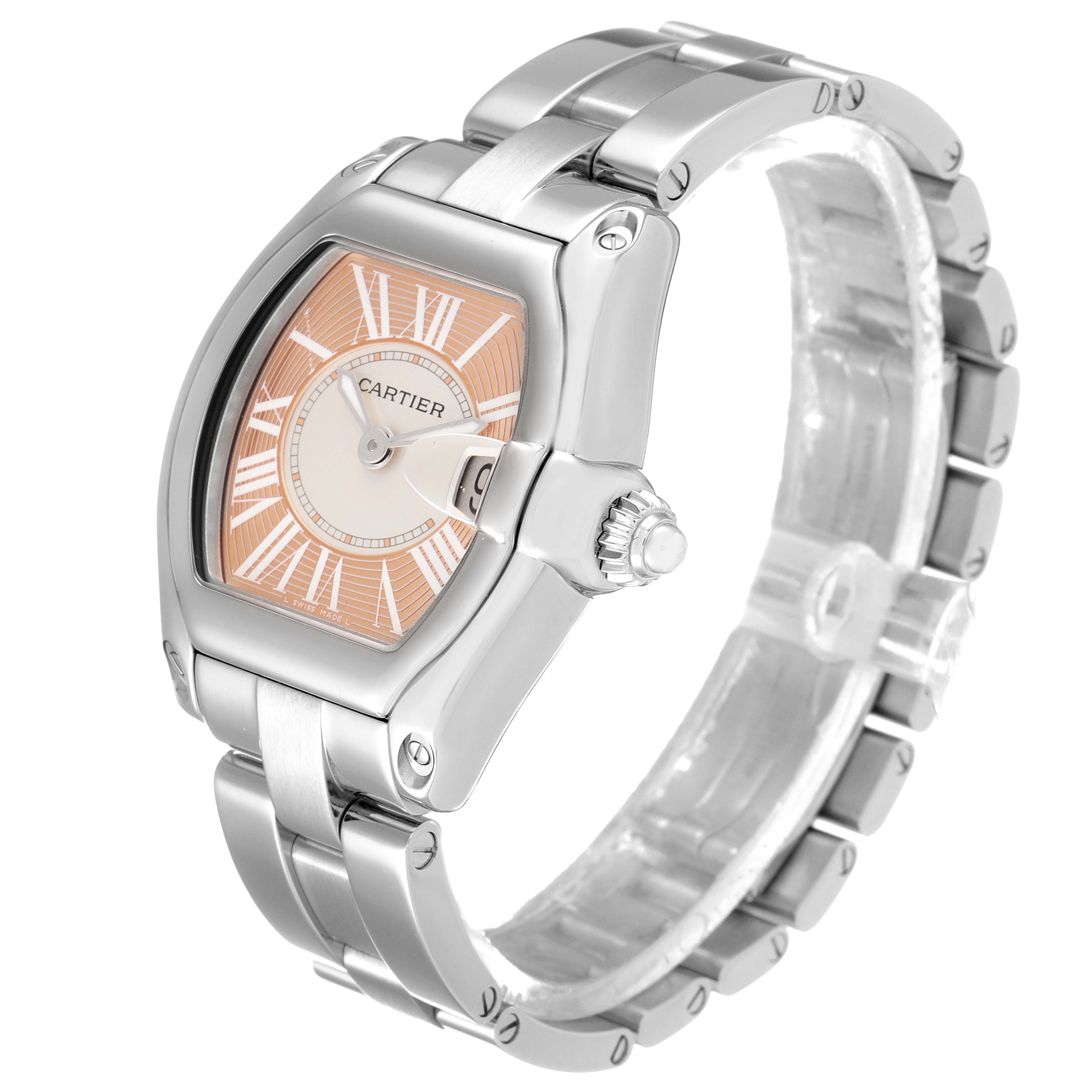 The image shows a Cartier Roadster W62054V3 Women's Stainless Steel Pink Dial W62054V3 Women's Stainless Steel Pink Dial watch at a slight angle, highlighting the face, crown, and bracelet.