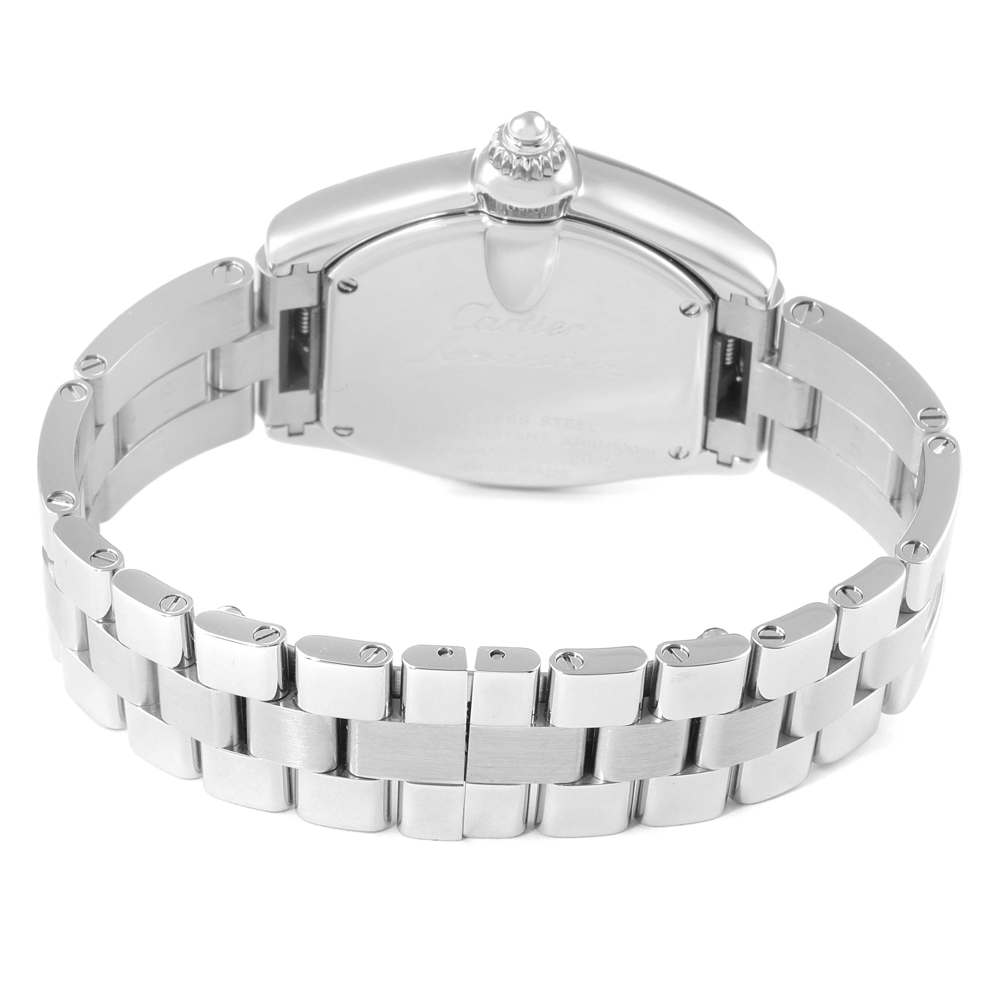 The image shows the back case and bracelet of a Cartier Roadster W62054V3 Women's Stainless Steel Pink Dial W62054V3 Women's Stainless Steel Pink Dial watch, taken from a rear angle.