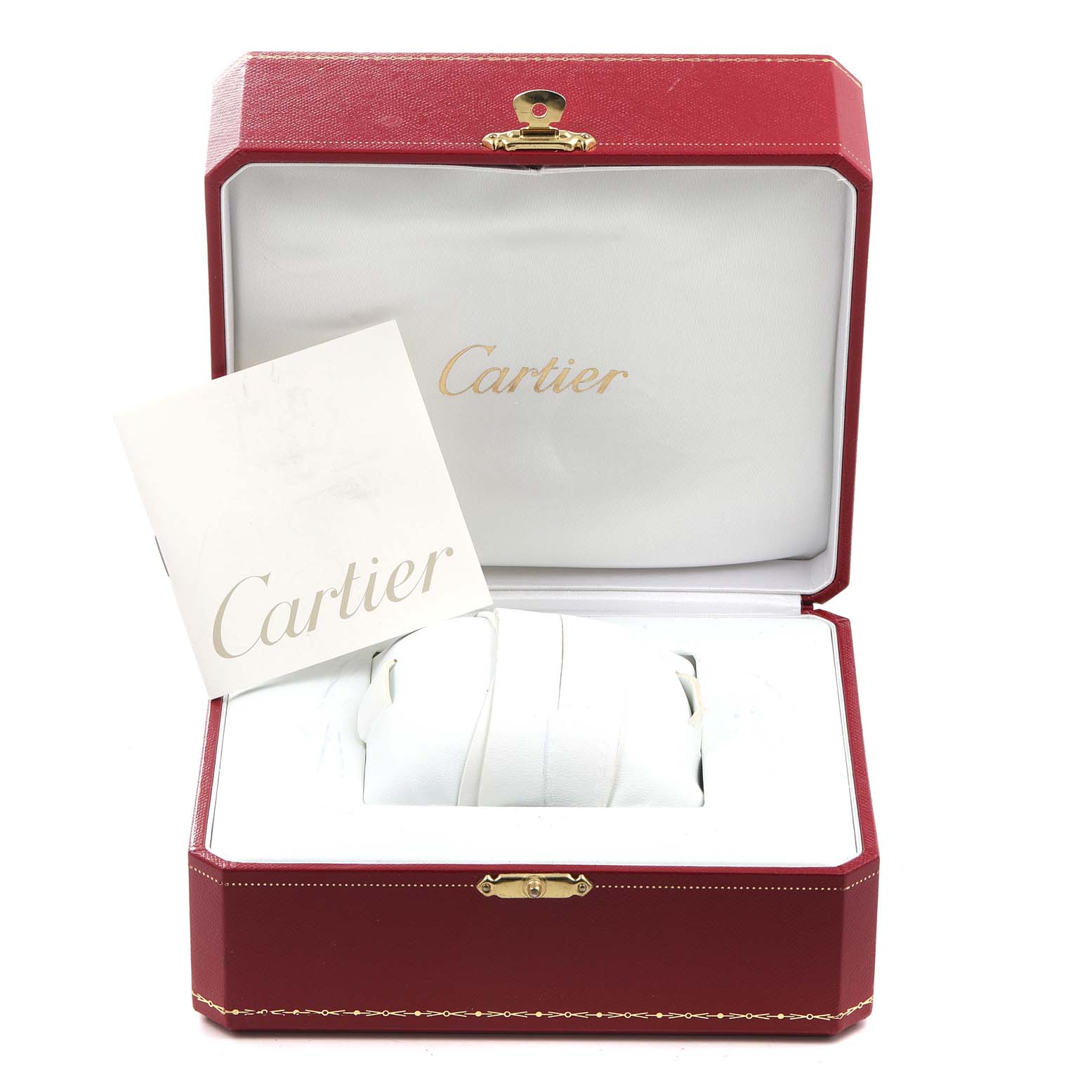 The image shows an open red Cartier watch box and manual for the Roadster model, viewed from the front.