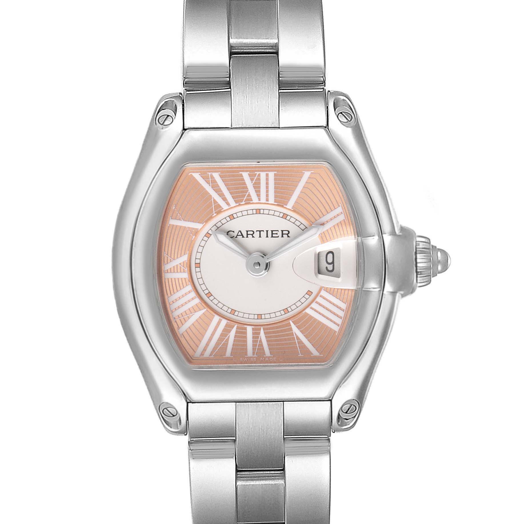 The image shows a front view of the Cartier Roadster W62054V3 Women's Stainless Steel Pink Dial W62054V3 Women's Stainless Steel Pink Dial watch, displaying its face, dial, date window, and part of the bracelet.