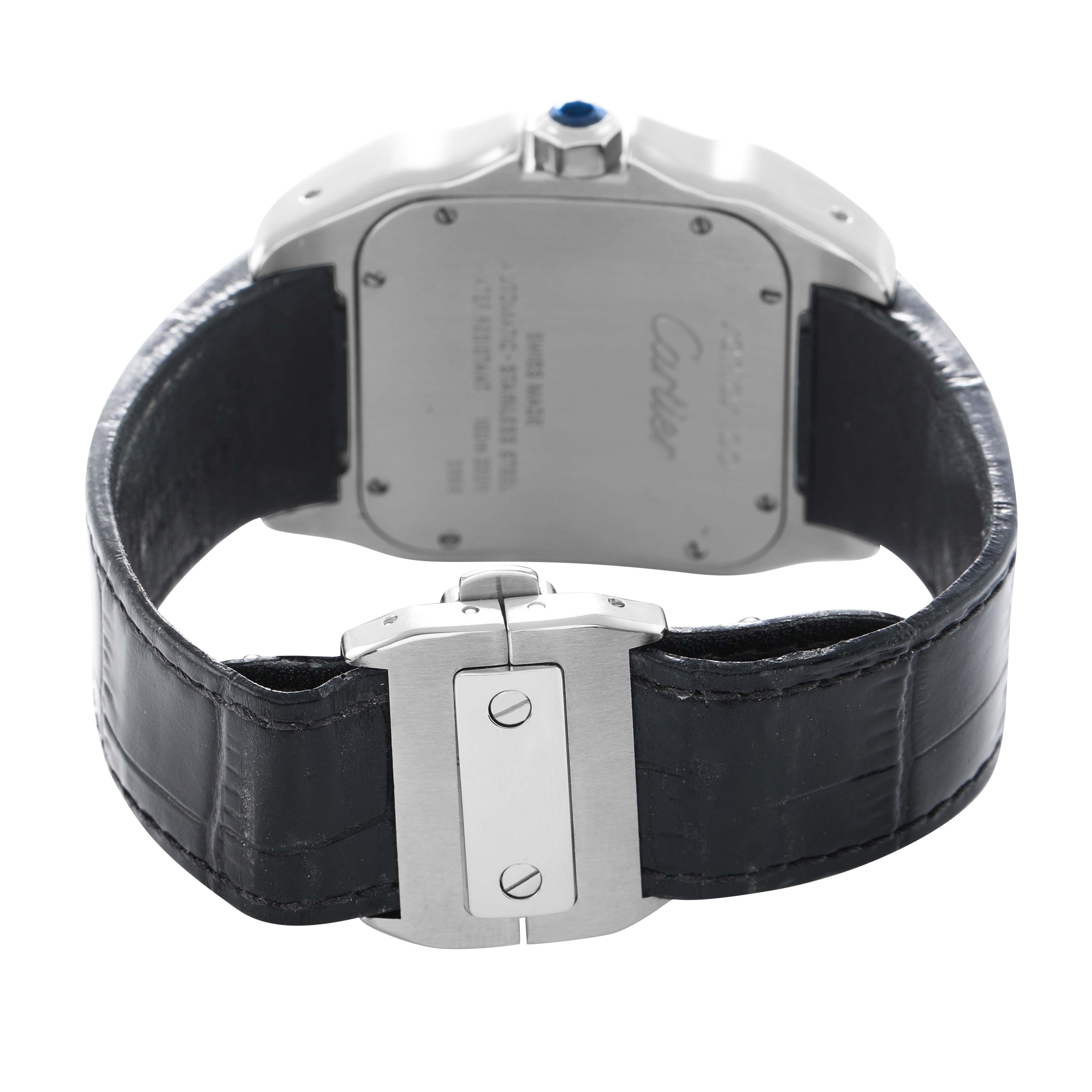The image shows a rear angle of the Cartier Santos W20073X8 Men's Stainless Steel Silver Dial, highlighting the case back and leather strap with a clasp.