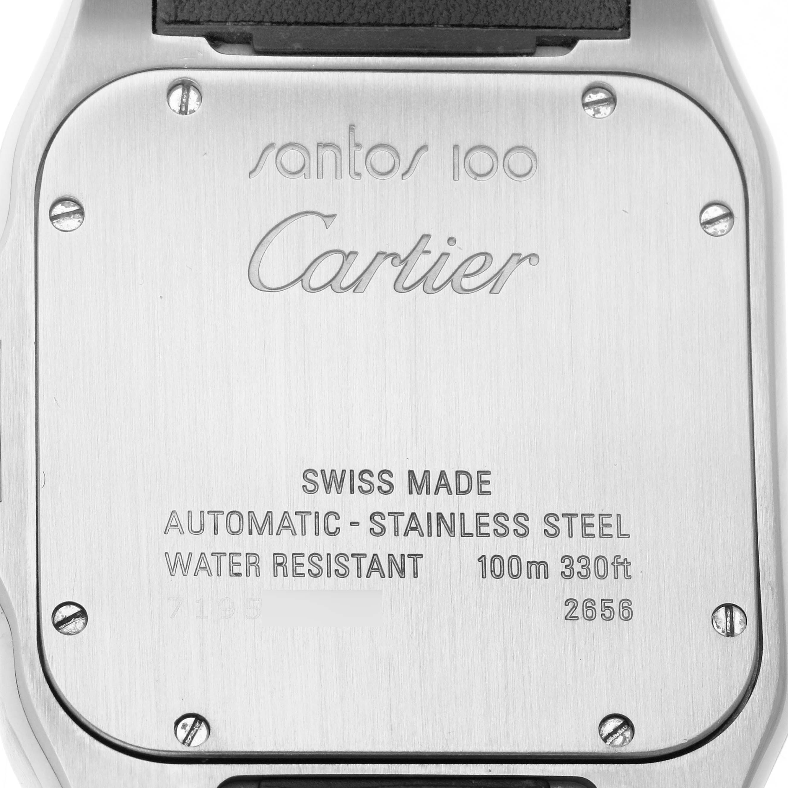 The image shows the back of a Cartier Santos W20073X8 Men's Stainless Steel Silver Dial 100 watch, highlighting the engravings and screws on the case back.