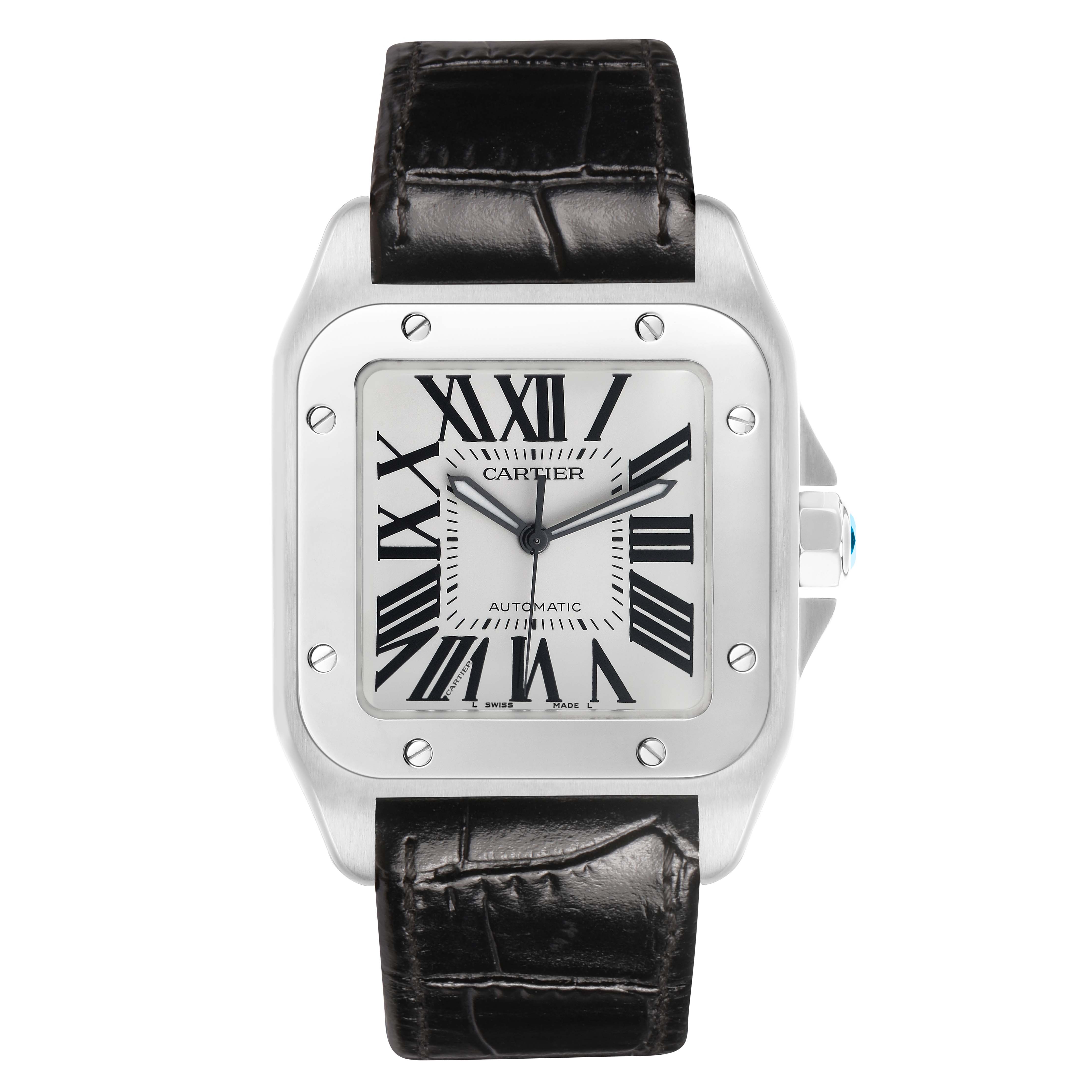 The Cartier Santos W20073X8 Men's Stainless Steel Silver Dial watch is shown from the front, displaying the face, bezel, leather strap, and crown.