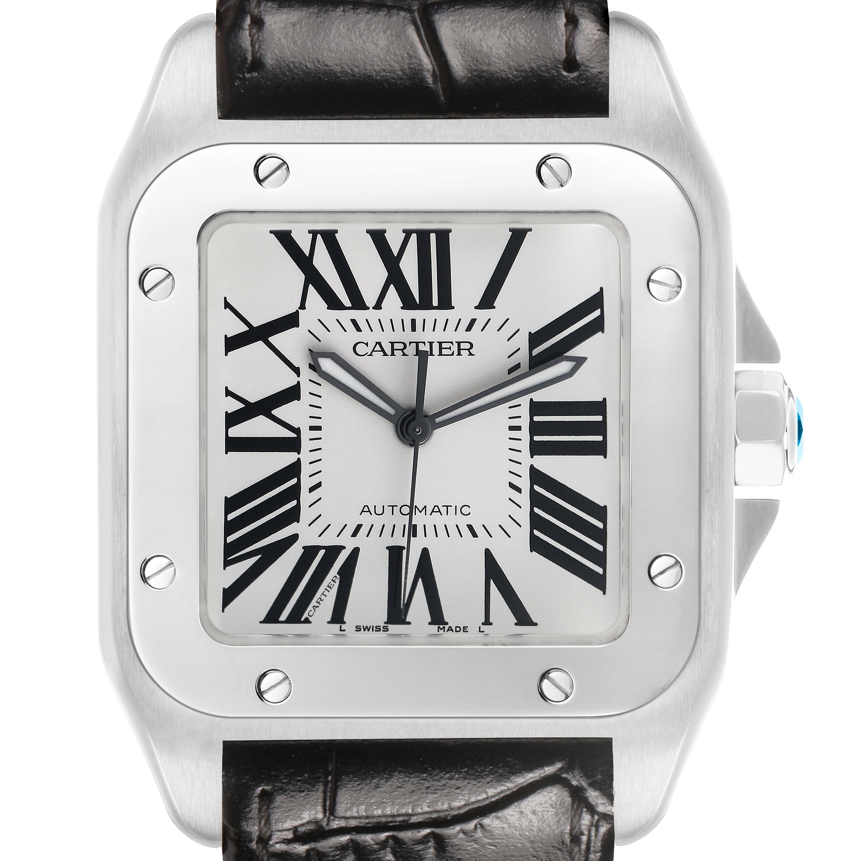 The Cartier Santos W20073X8 Men's Stainless Steel Silver Dial watch is shown from a frontal angle, highlighting the dial, case, and strap.