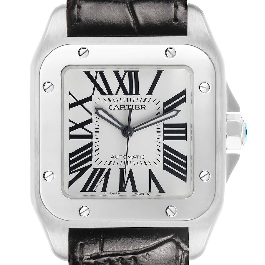 The Cartier Santos W20073X8 Men's Stainless Steel Silver Dial watch is shown from a frontal angle, highlighting the dial, case, and strap.